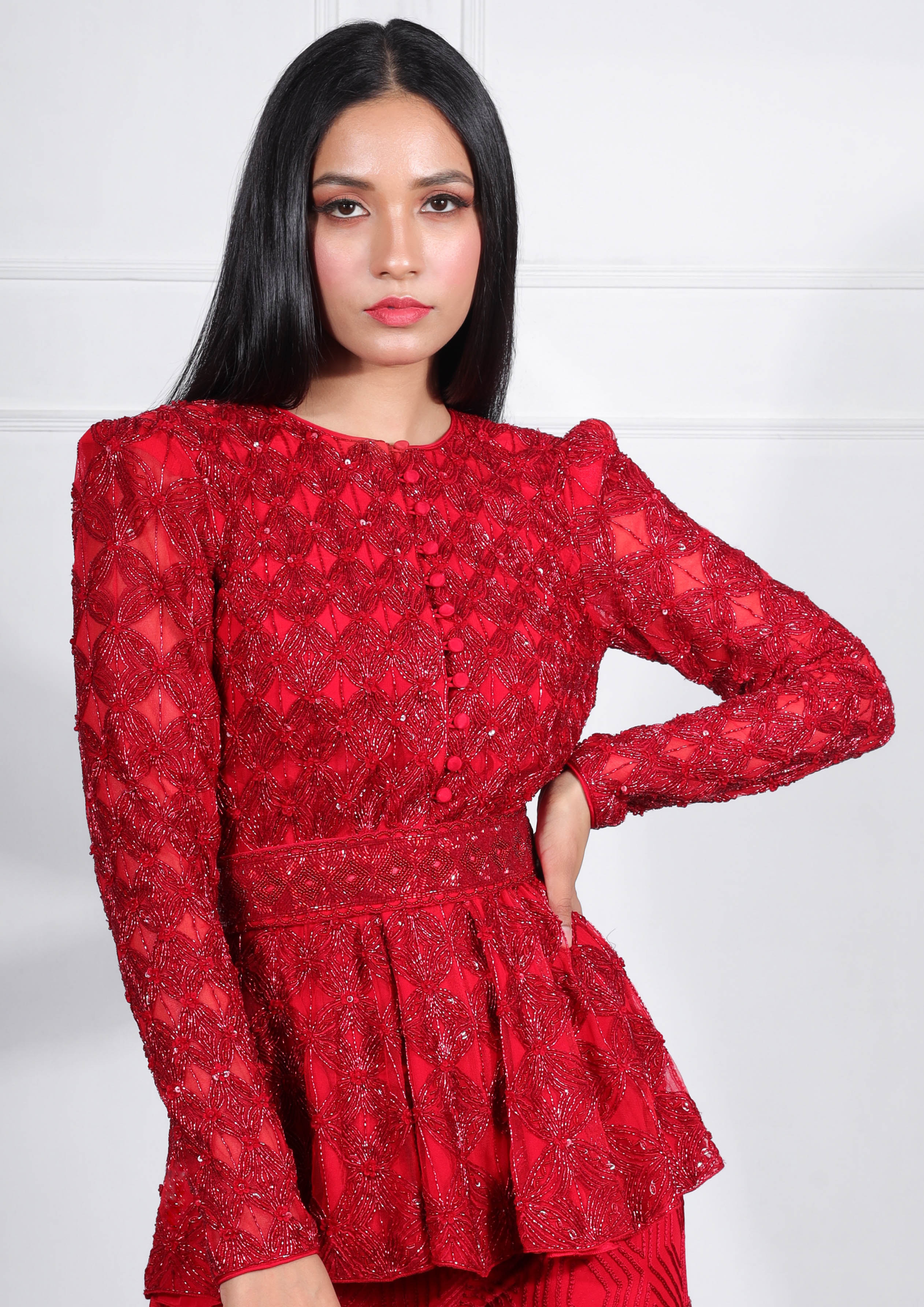 Red Sofiya Sharara Set With Belt