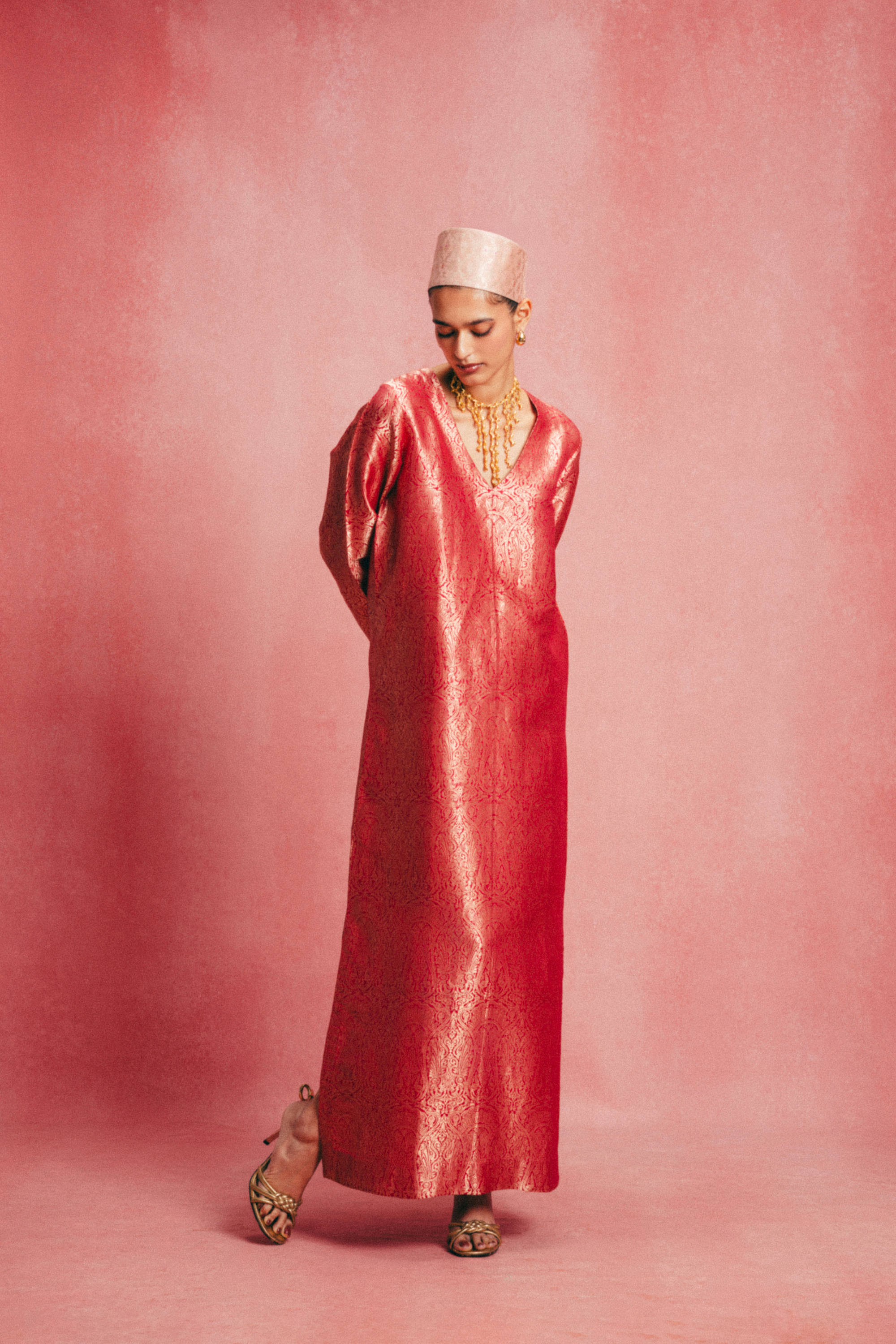 Handwoven Salmon Pink Banarasi Kaftan