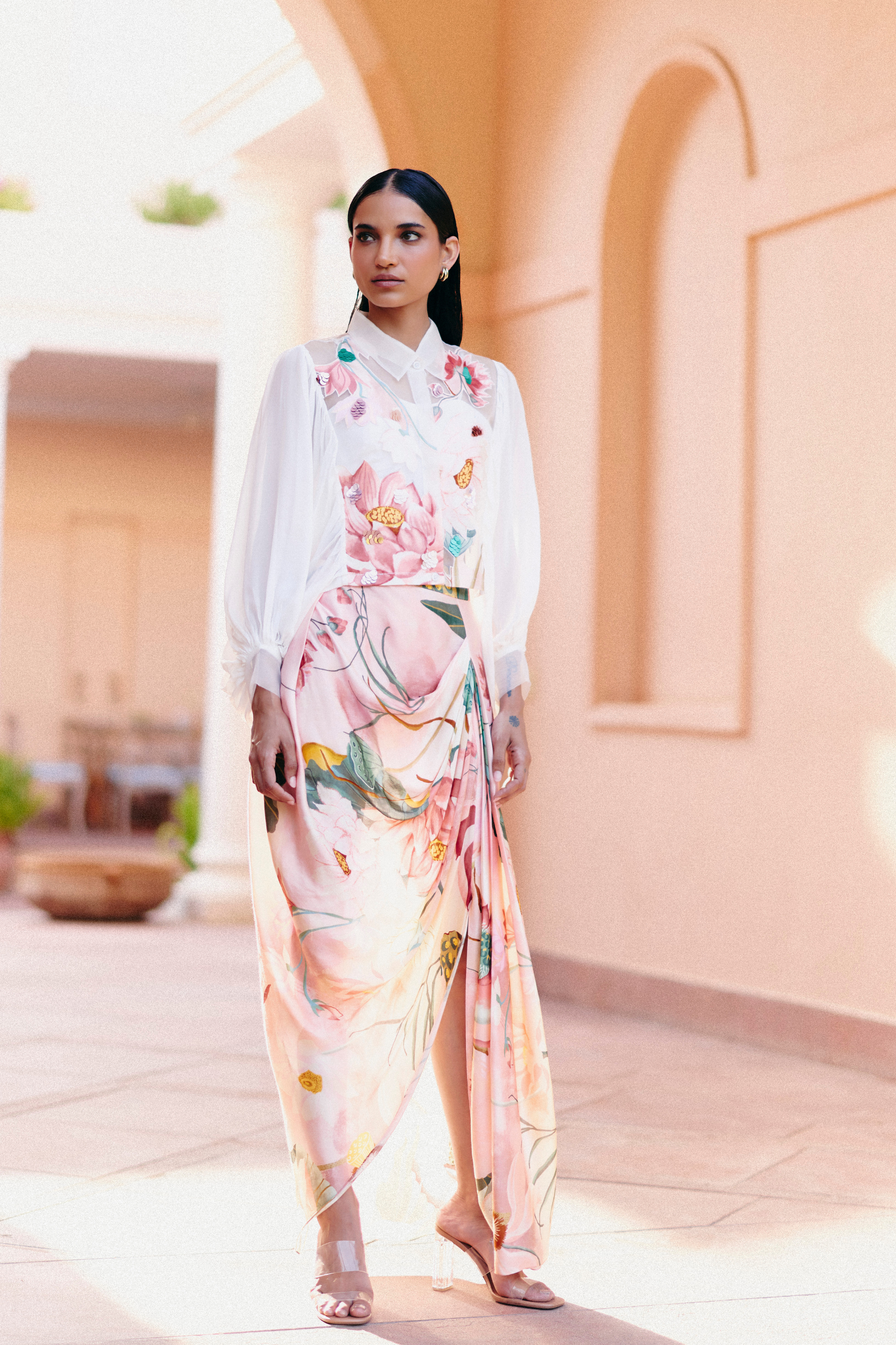 Lotus Crop Shirt With Slit Skirt