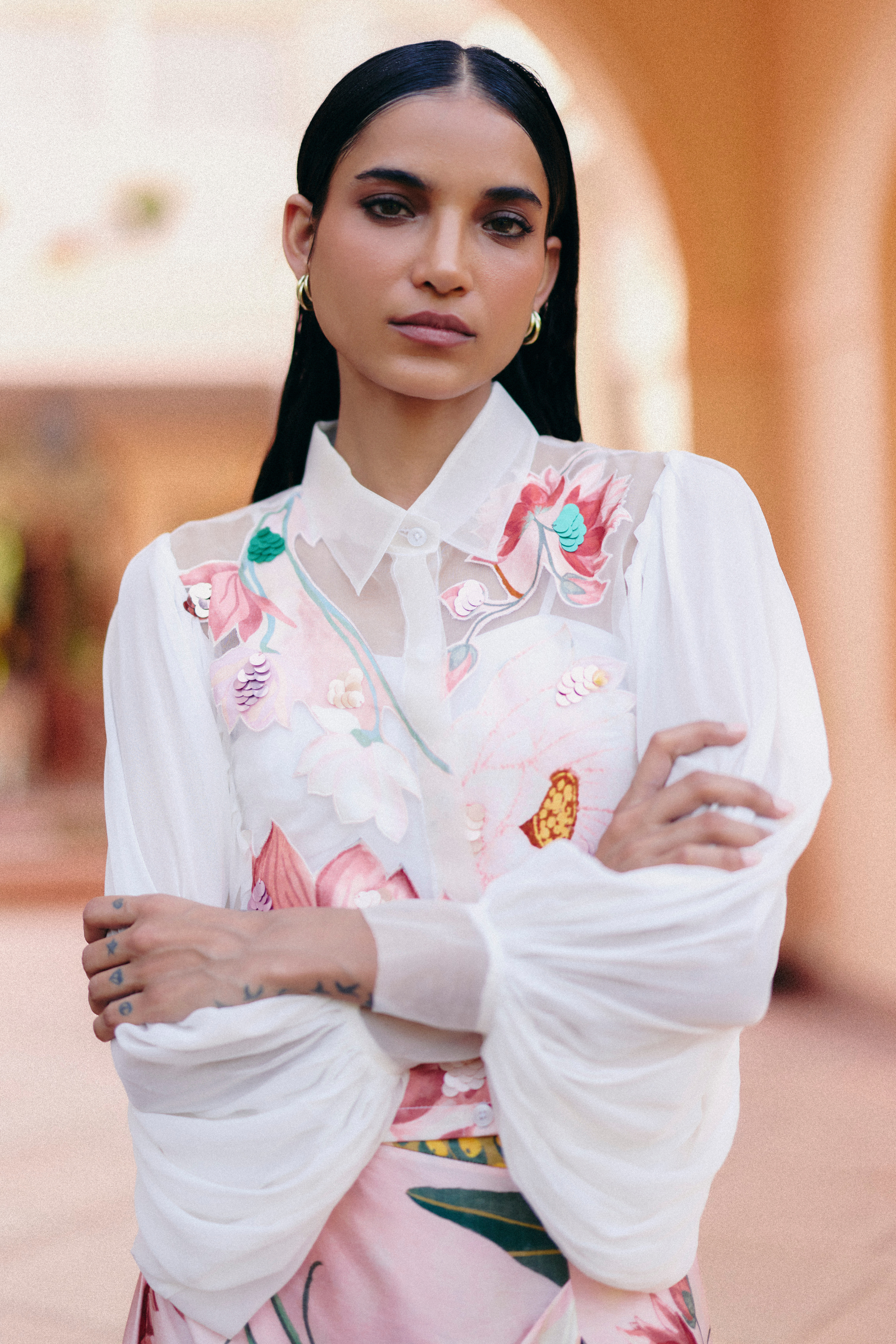 Lotus Crop Shirt With Slit Skirt