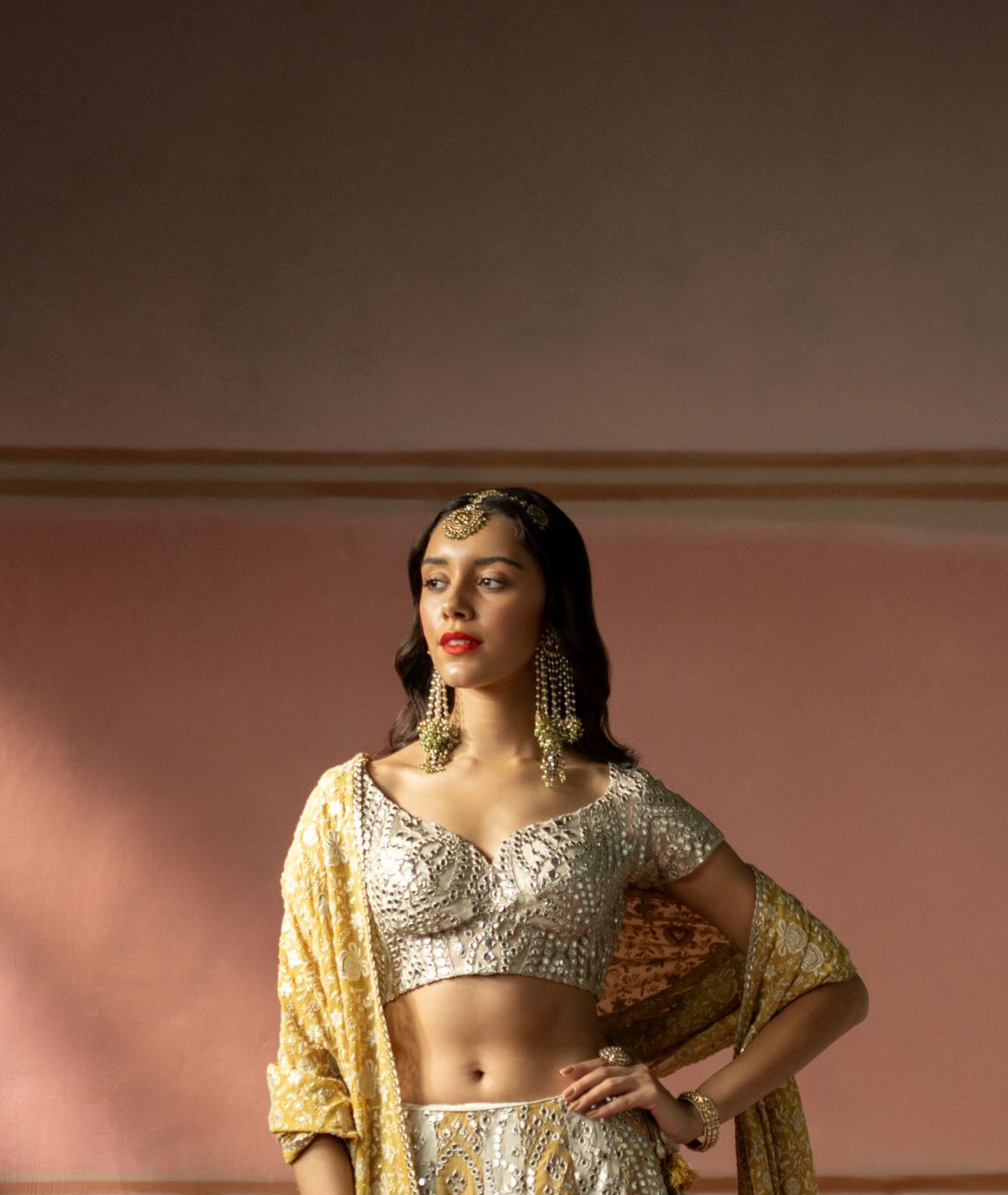 V Neck Blouse In Ecru Net silver Zari Mirrorwork