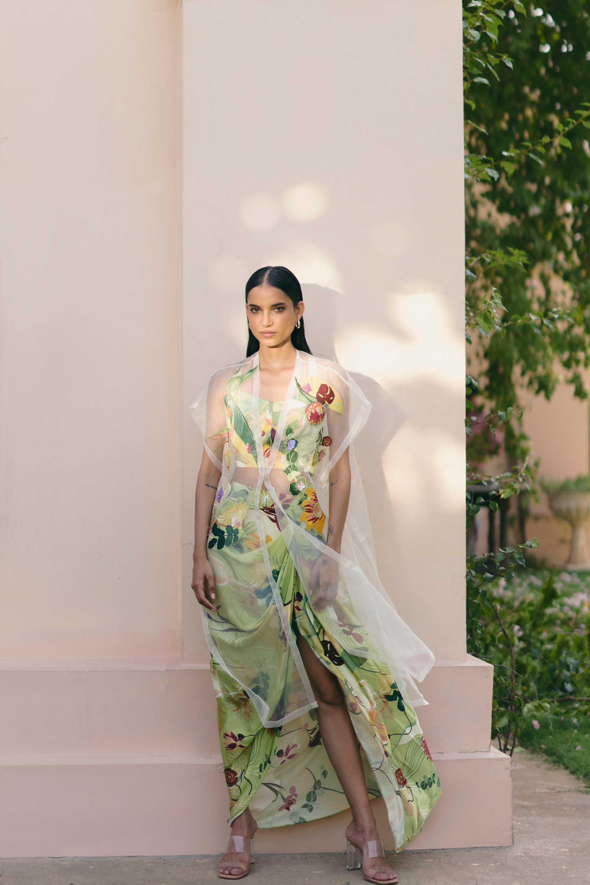 Mint Pradise Cape Set With Slit Skirt