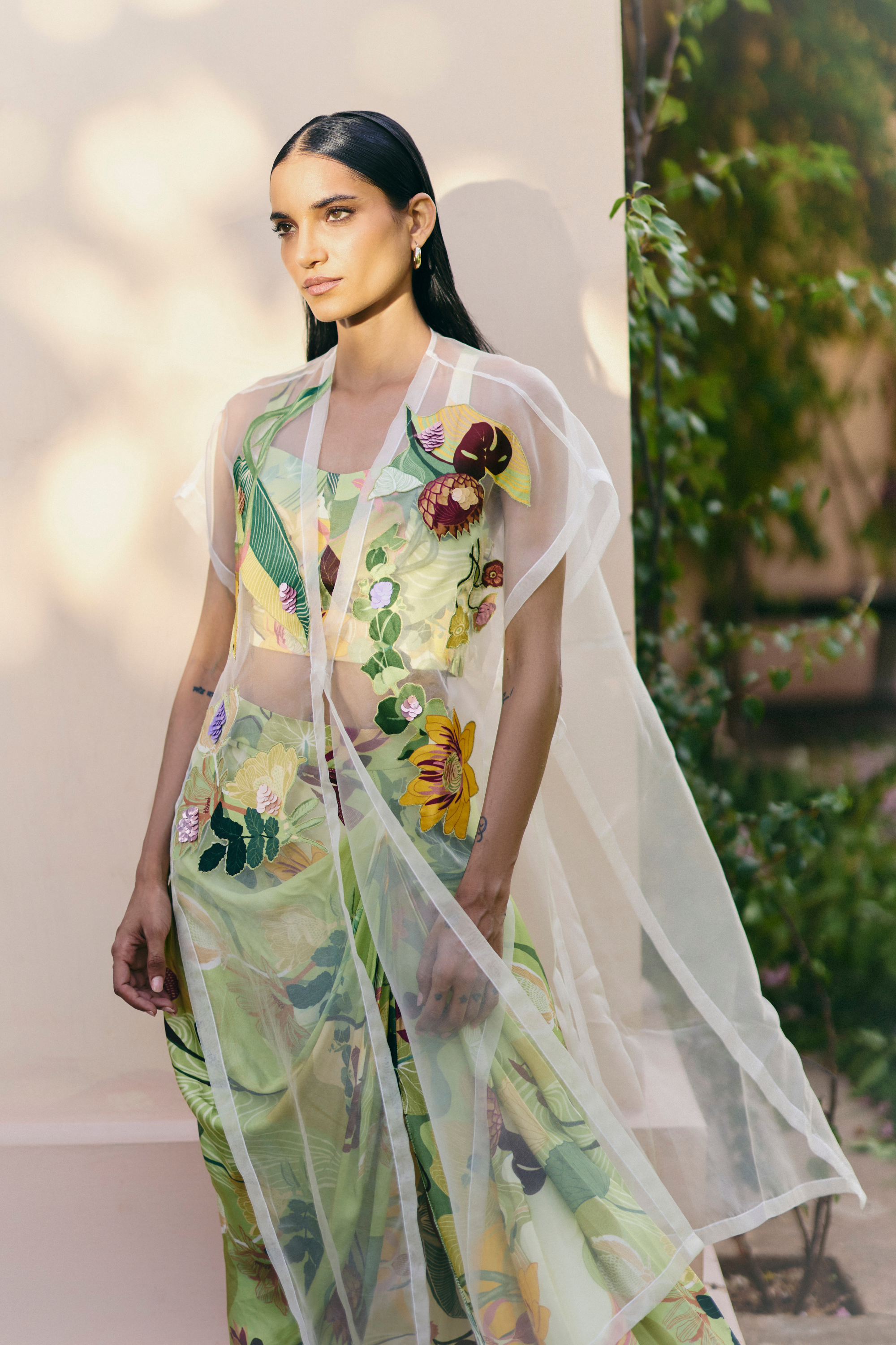 Mint Pradise Cape Set With Slit Skirt