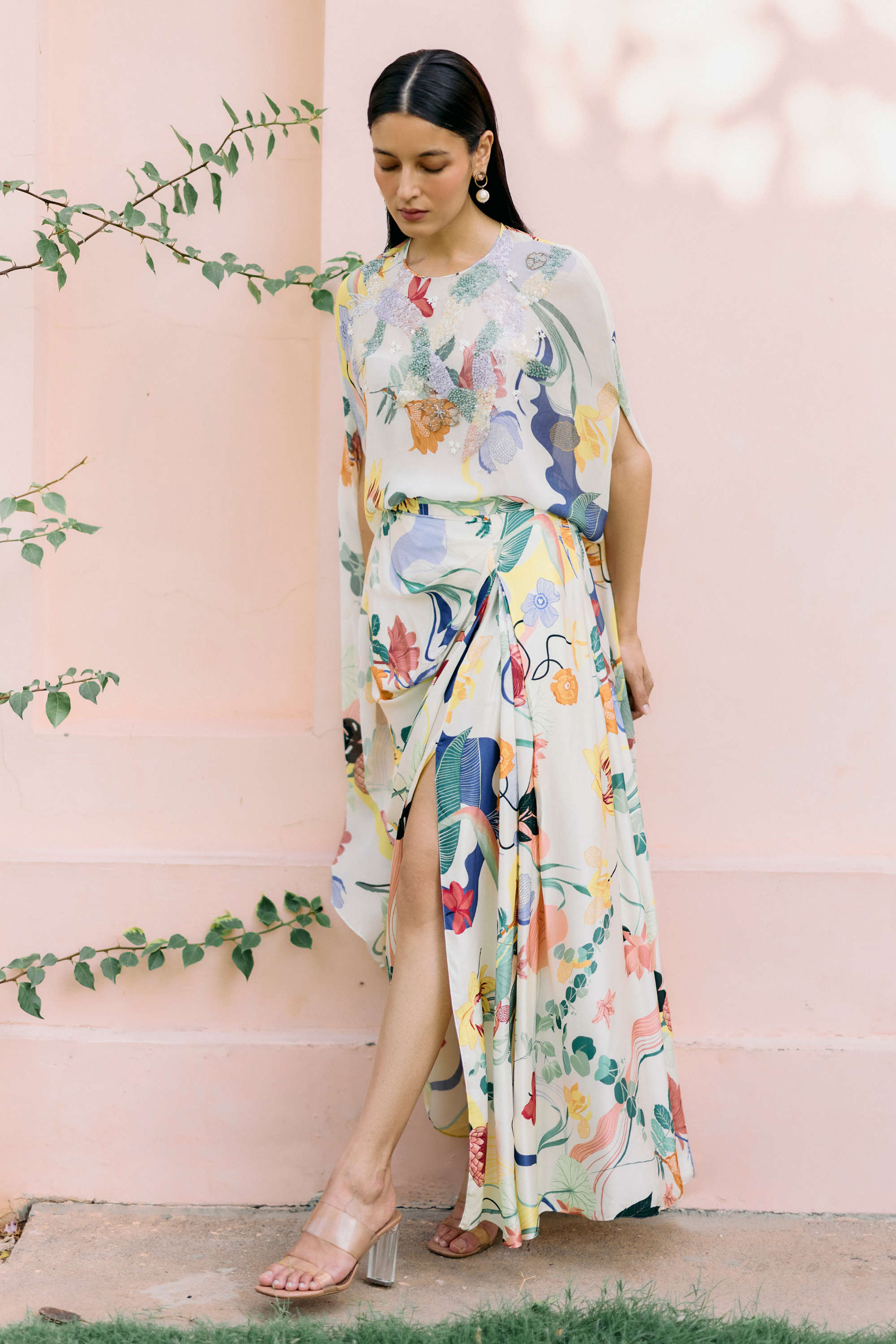 Paradise Beaded Cape Top With Slit Skirt