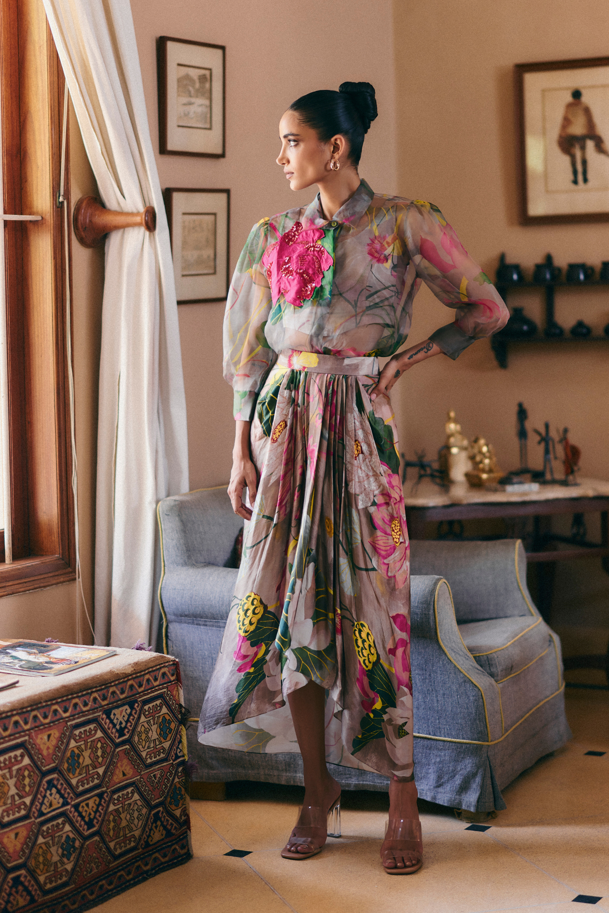 Lotus Organza Shirt Set With Pleated Skirt