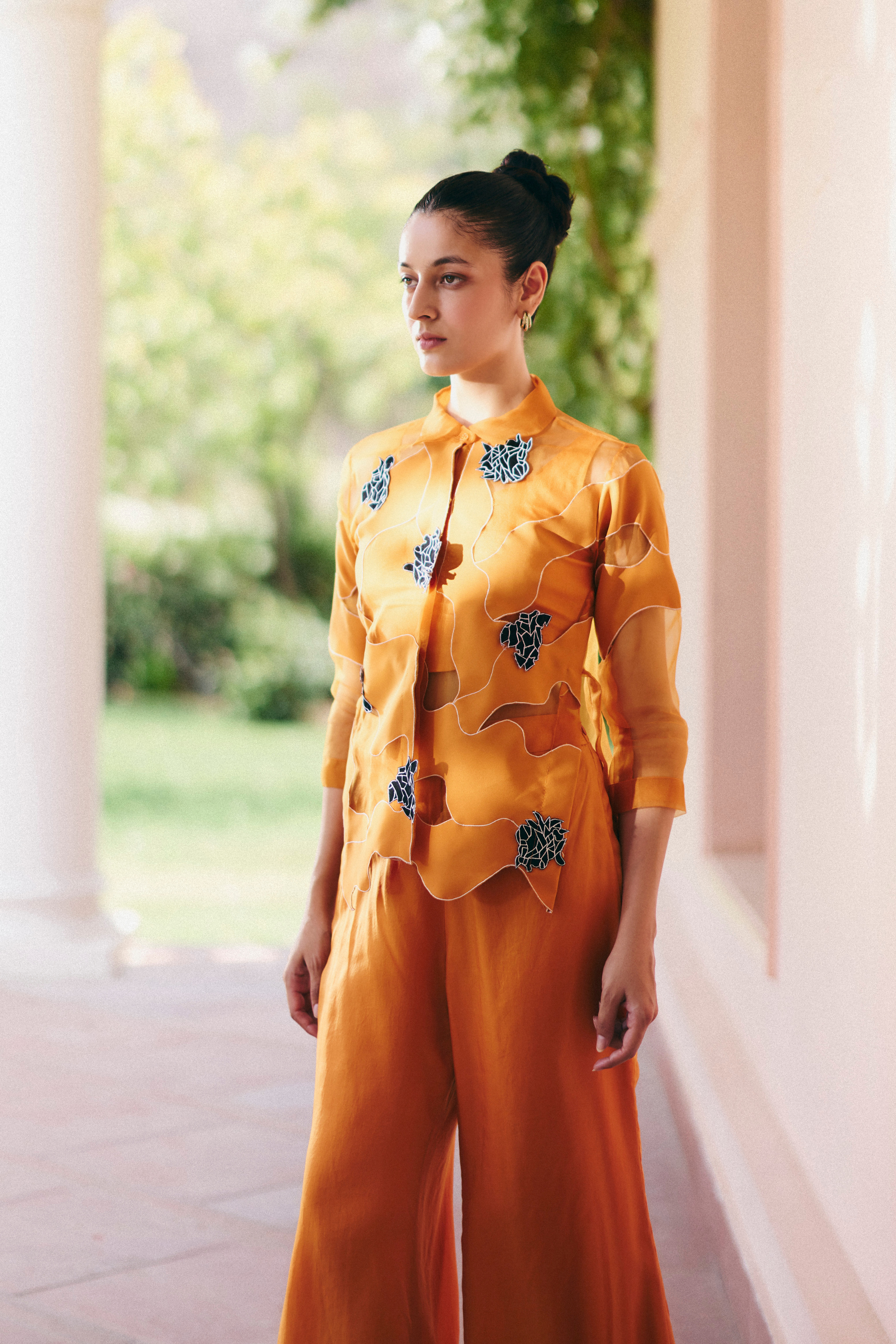 Orange Organza Swril Shirt With Pants