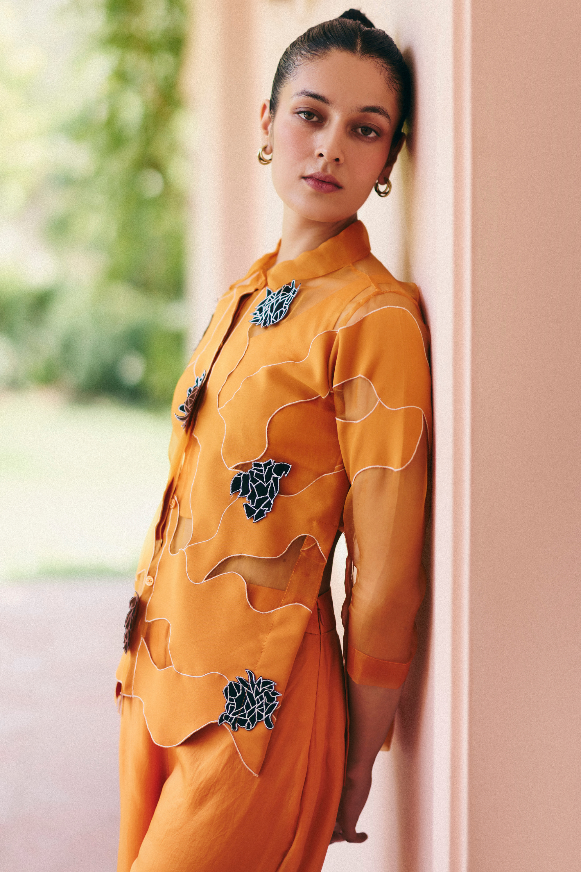 Orange Organza Swril Shirt With Pants