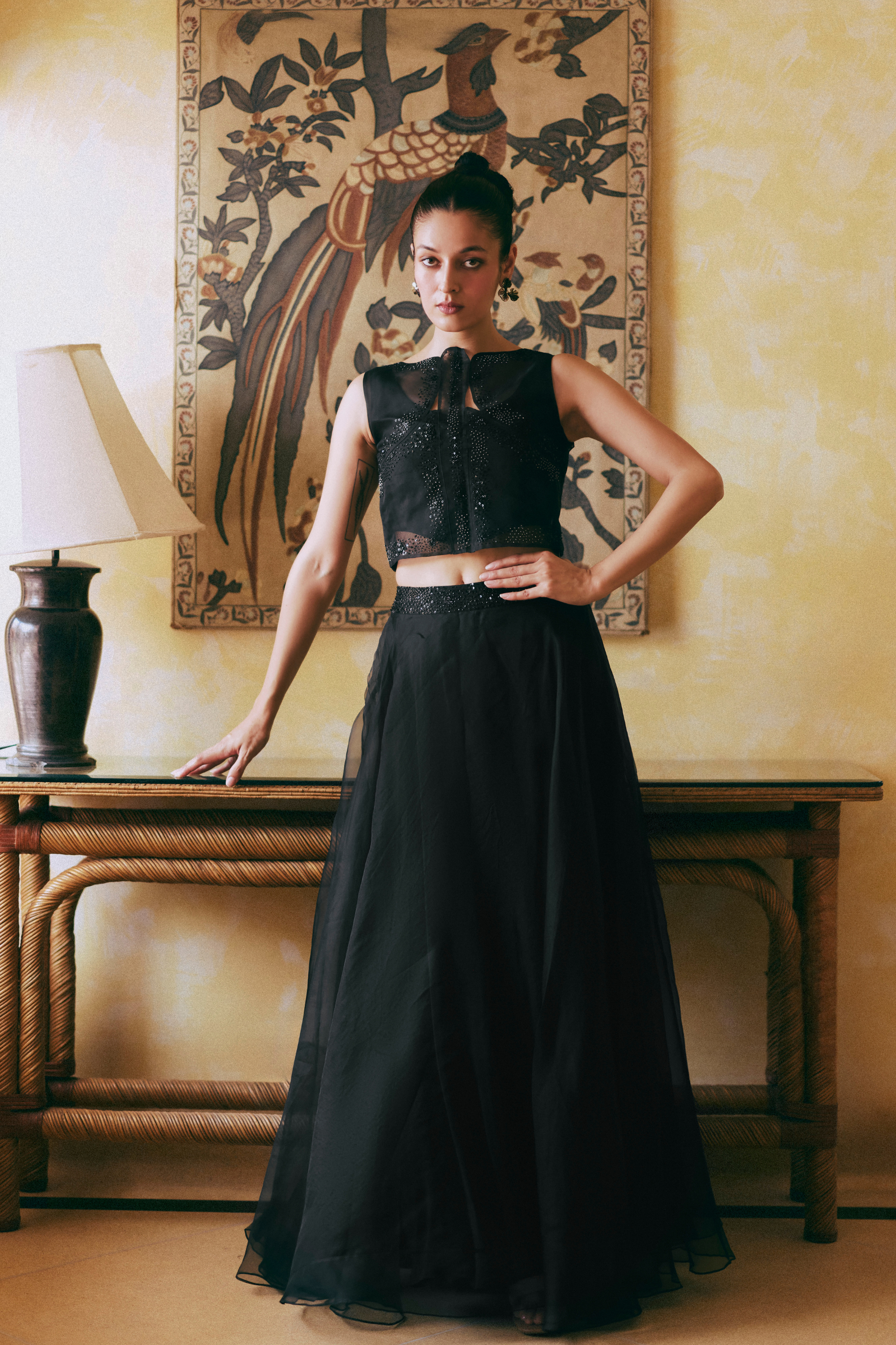 Black Organza Beaded Top And Skirt Set