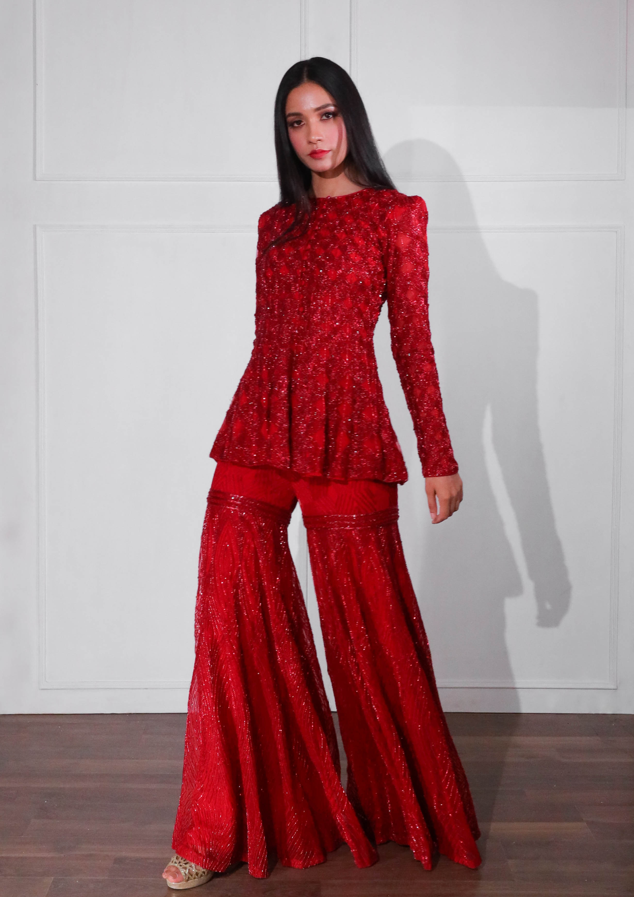 Red Sofiya Sharara Set With Belt