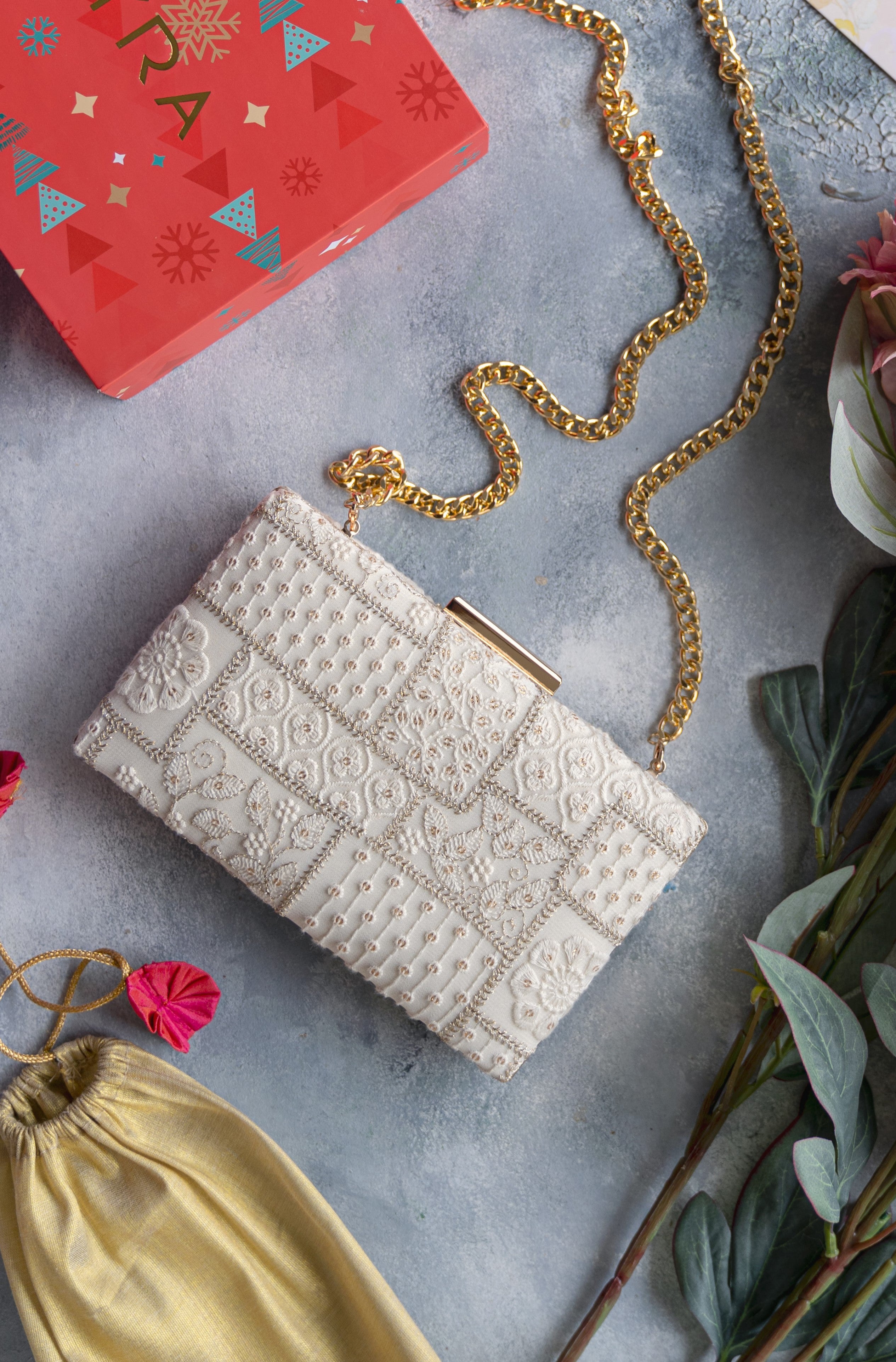 Mosaic Luxe Embroidered Clutch White