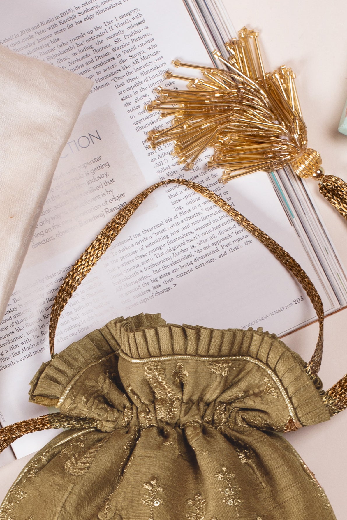 Arbre Silk Embroidered Potli Bag Dull Gold