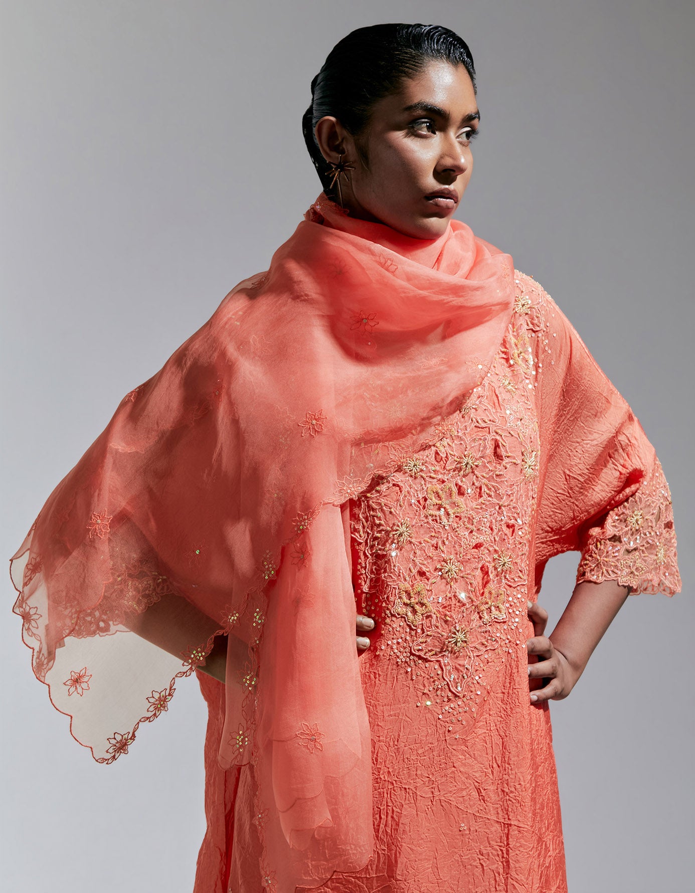 Vermillion Organza Dupatta With Floral Thread Work