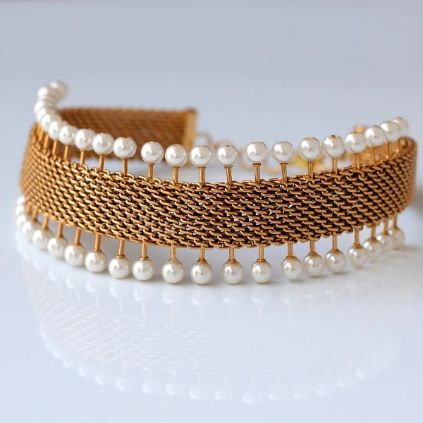 Golden Mesh And Pearl Choker Worn