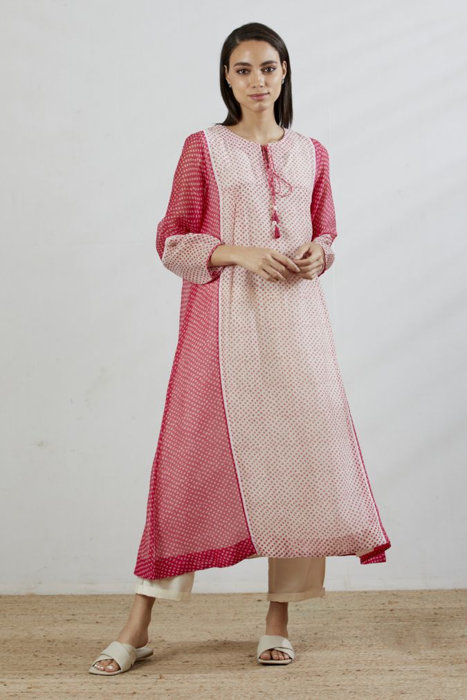 Chanderi bandhani kurta with slip