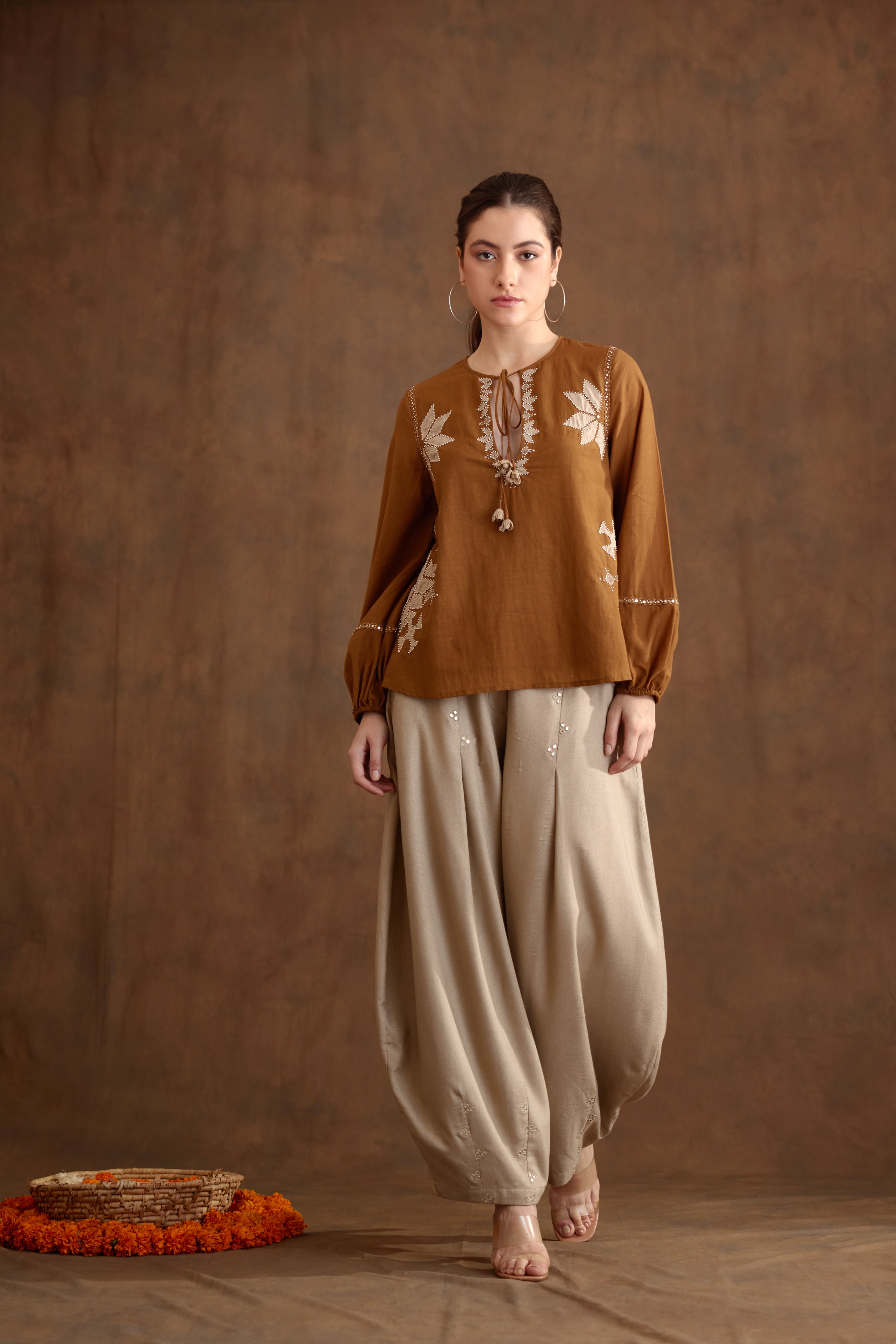 Tobacco Applique Embroidered Top