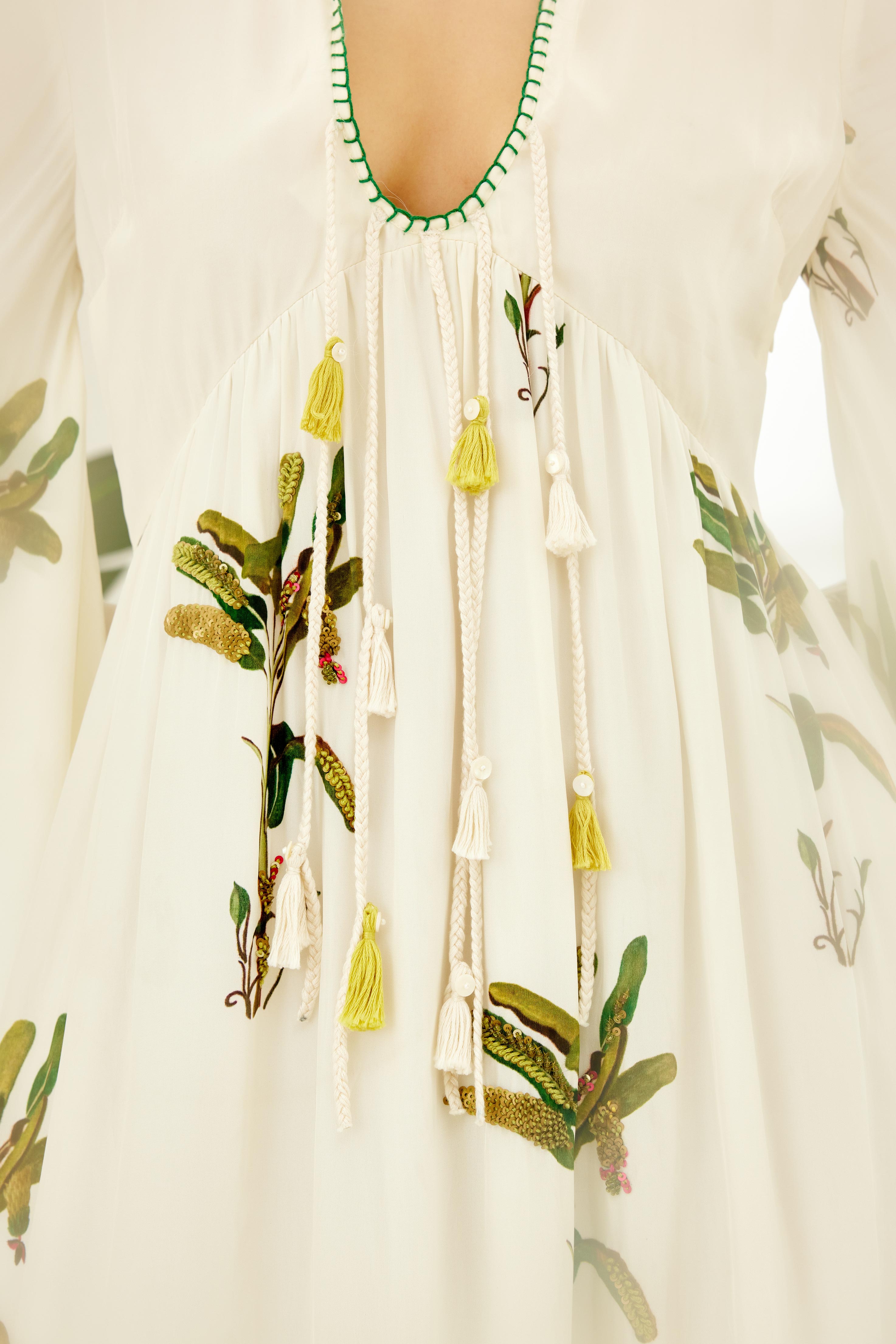 Off-White Hand painted Banana Tree Print Dress
