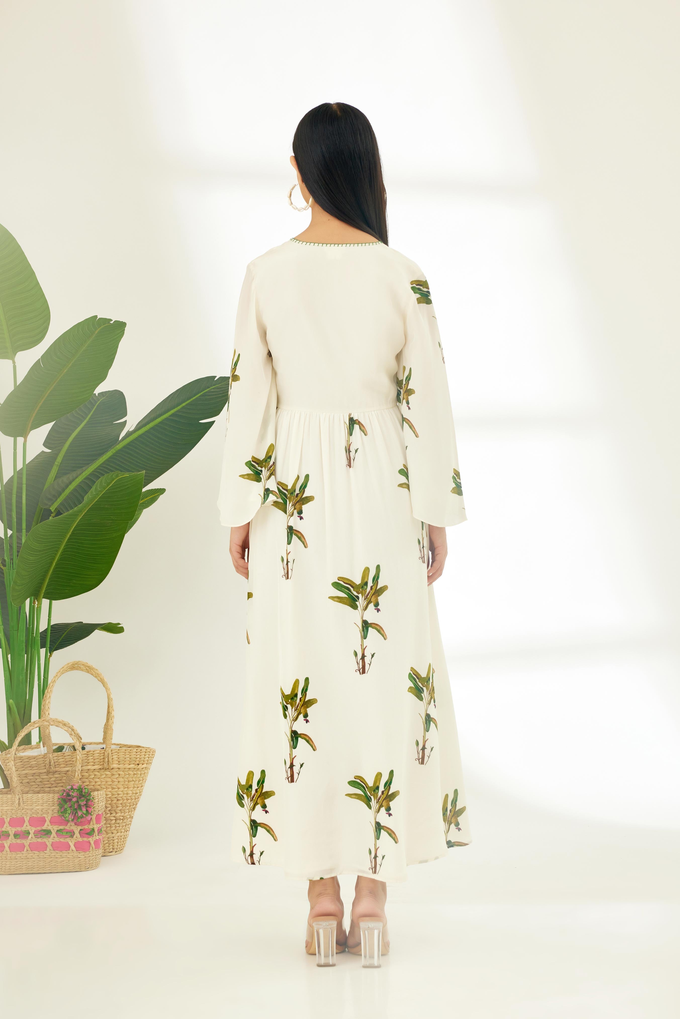 Off-White Hand painted Banana Tree Print Dress