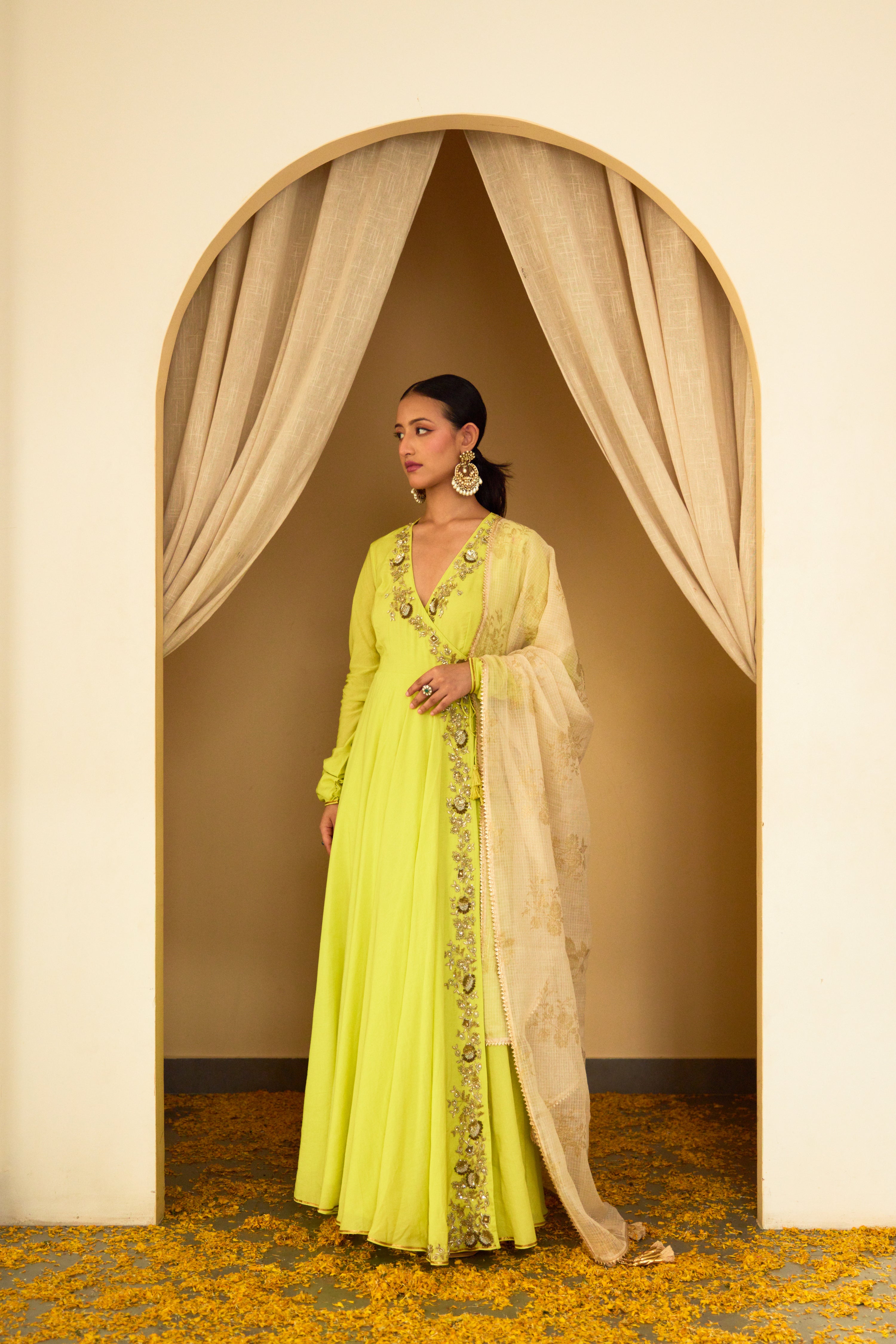 Lime Green Embroidered Angrakha Set