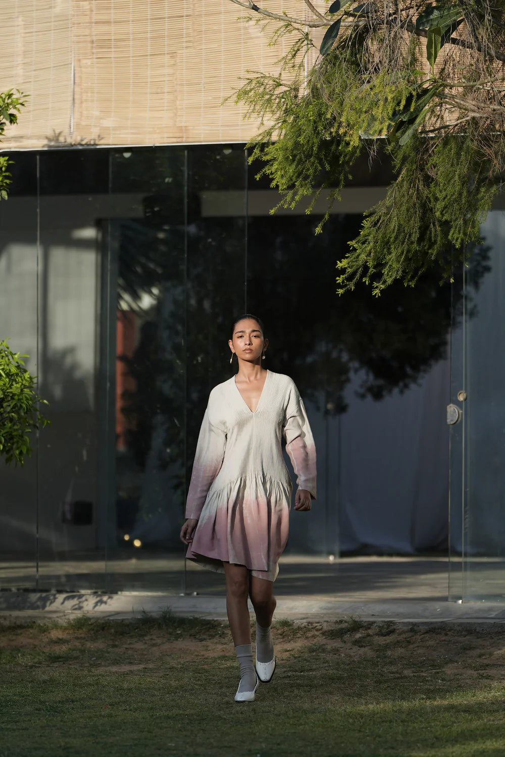 Hand Painted Tucked Dress With Asymmetric Hem