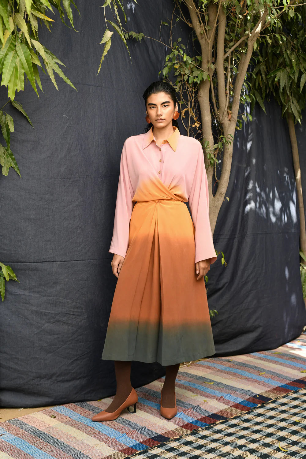 Dip- Dyed Shirt Dress With Twisted Knot Detail