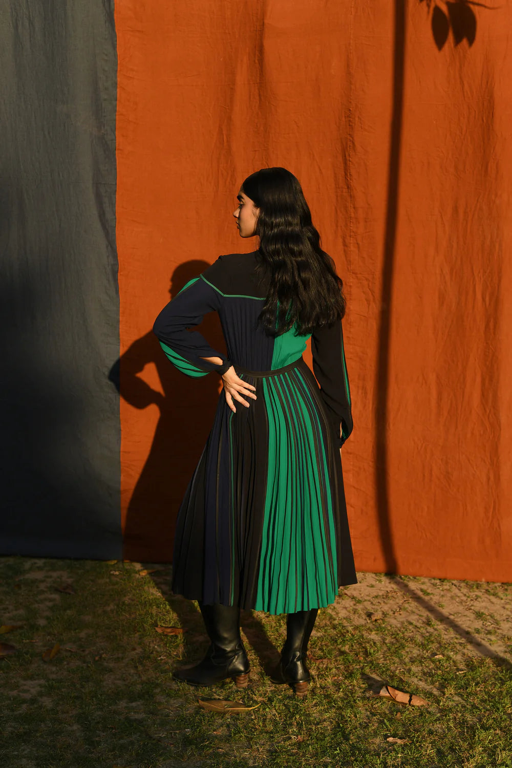 Pleated Colourblocked Dress With Band Collars