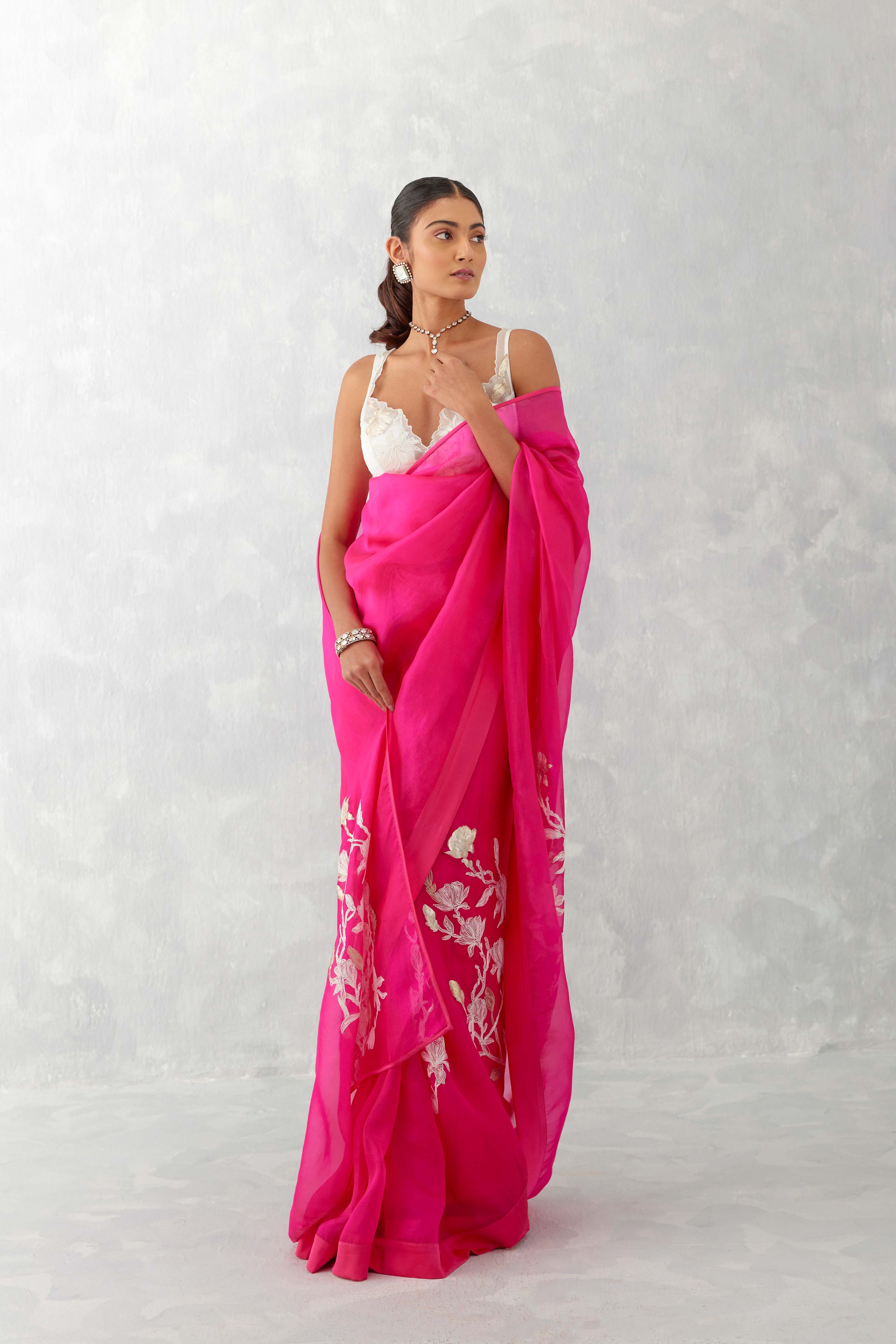 Fuchsia Pink Embroidered Silk Organza Saree