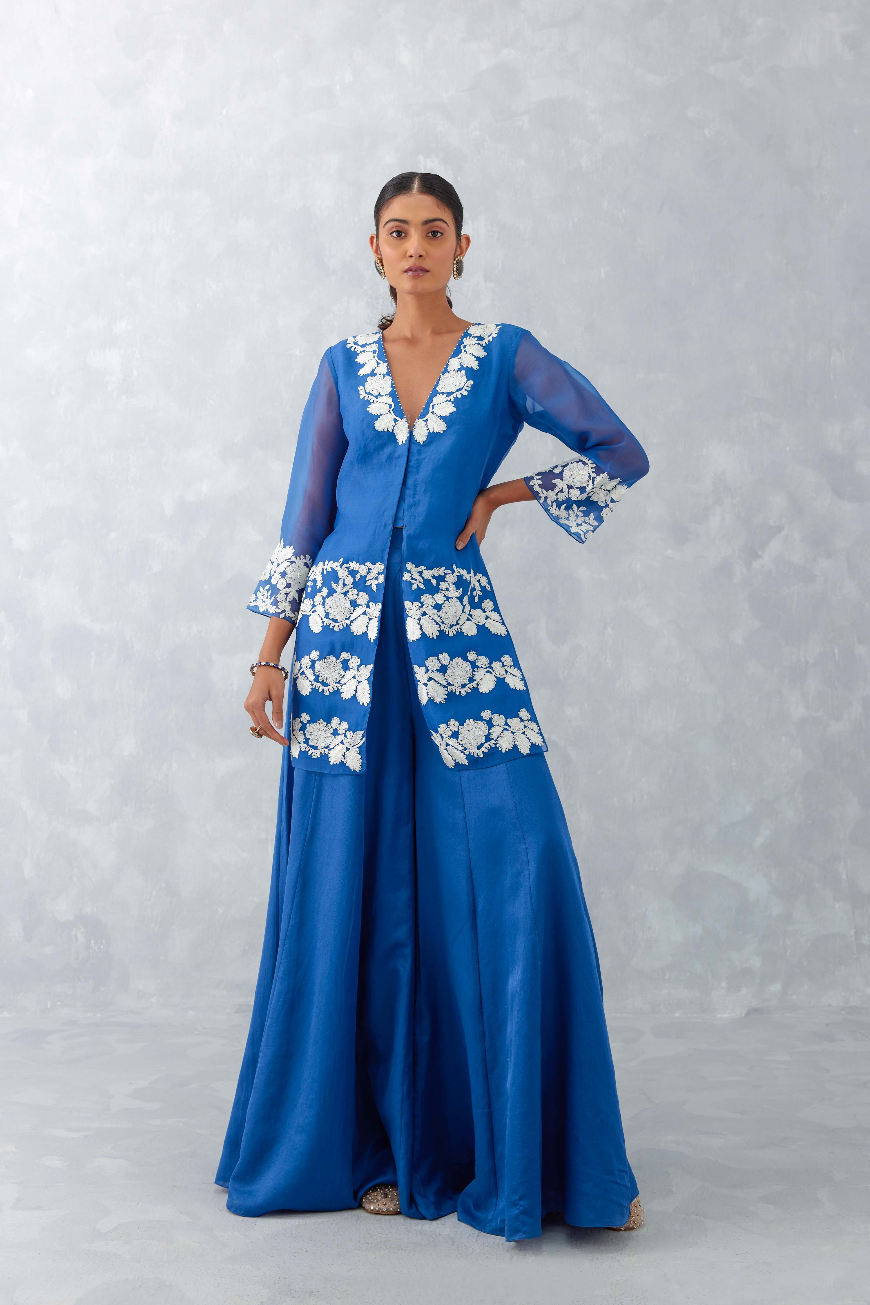 Blue Embroidered Front Slit Sharara Set