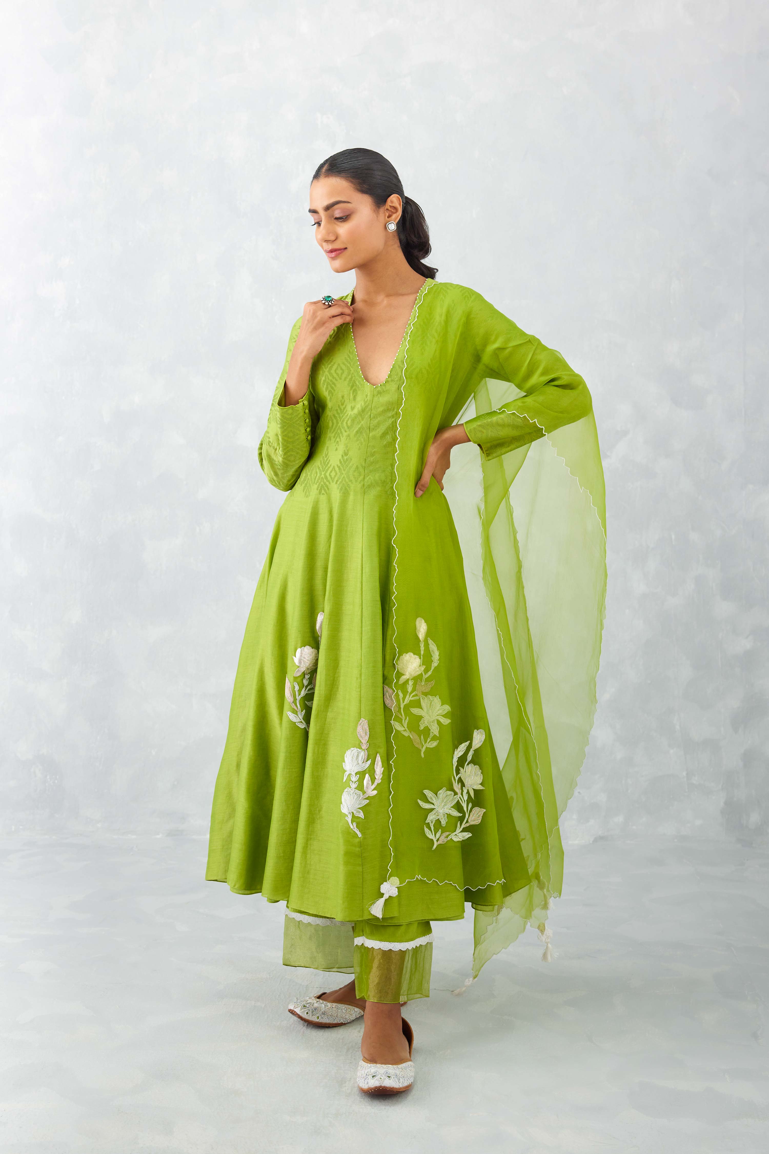 Green Embroidered Chanderi Anarkali Set