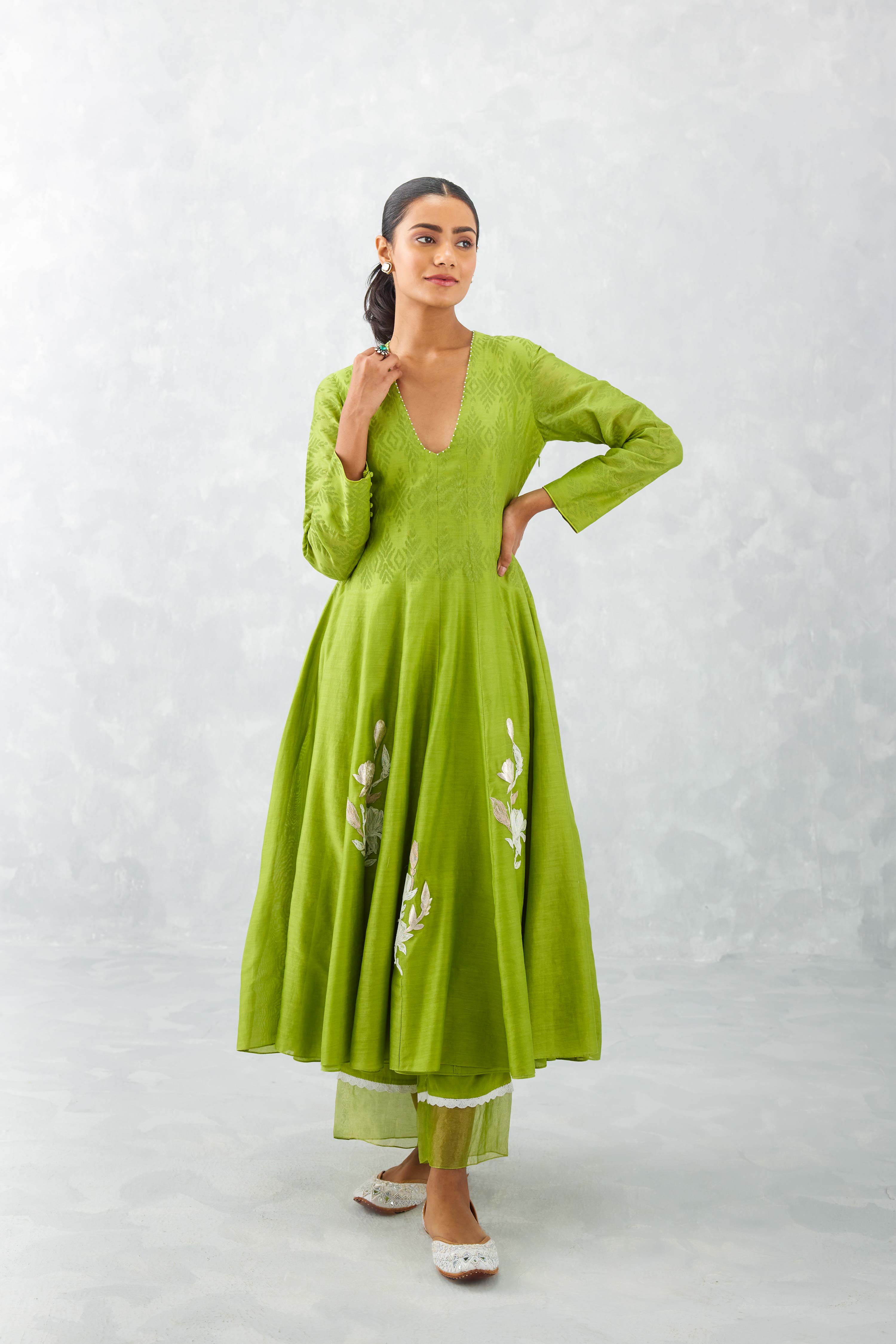 Green Embroidered Chanderi Anarkali Set