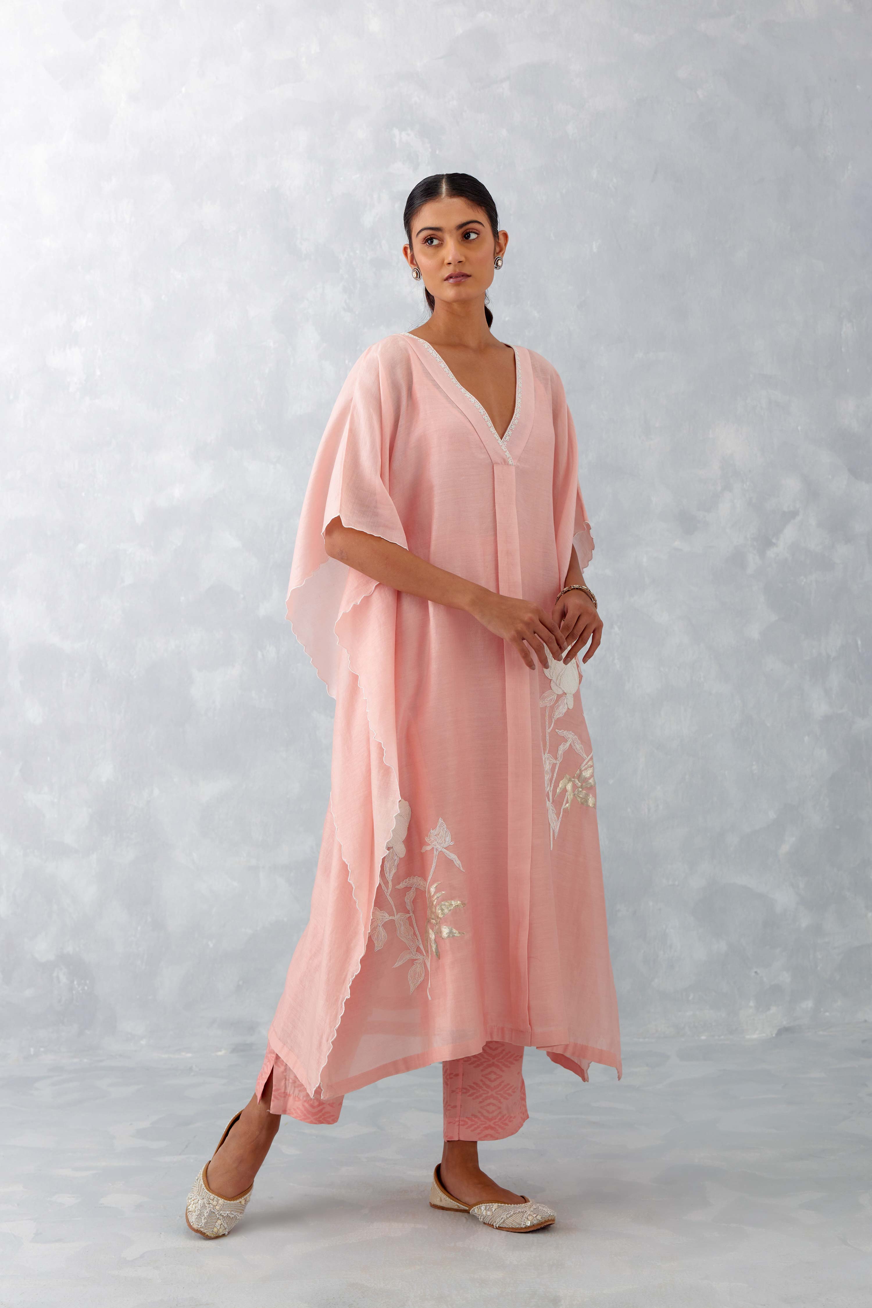 Baby Pink Embroidered Silk Chanderi Kaftan Set