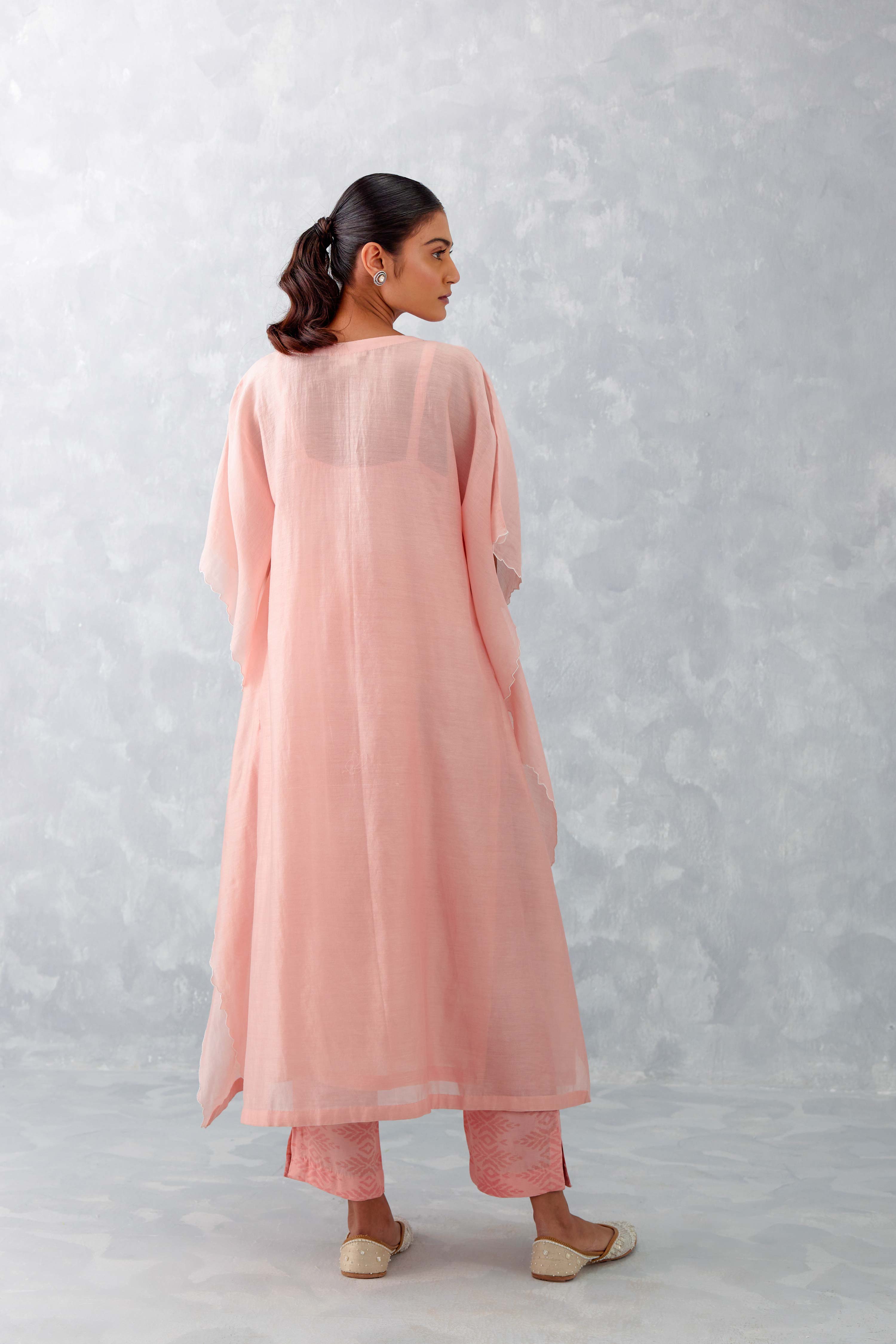 Baby Pink Embroidered Silk Chanderi Kaftan Set