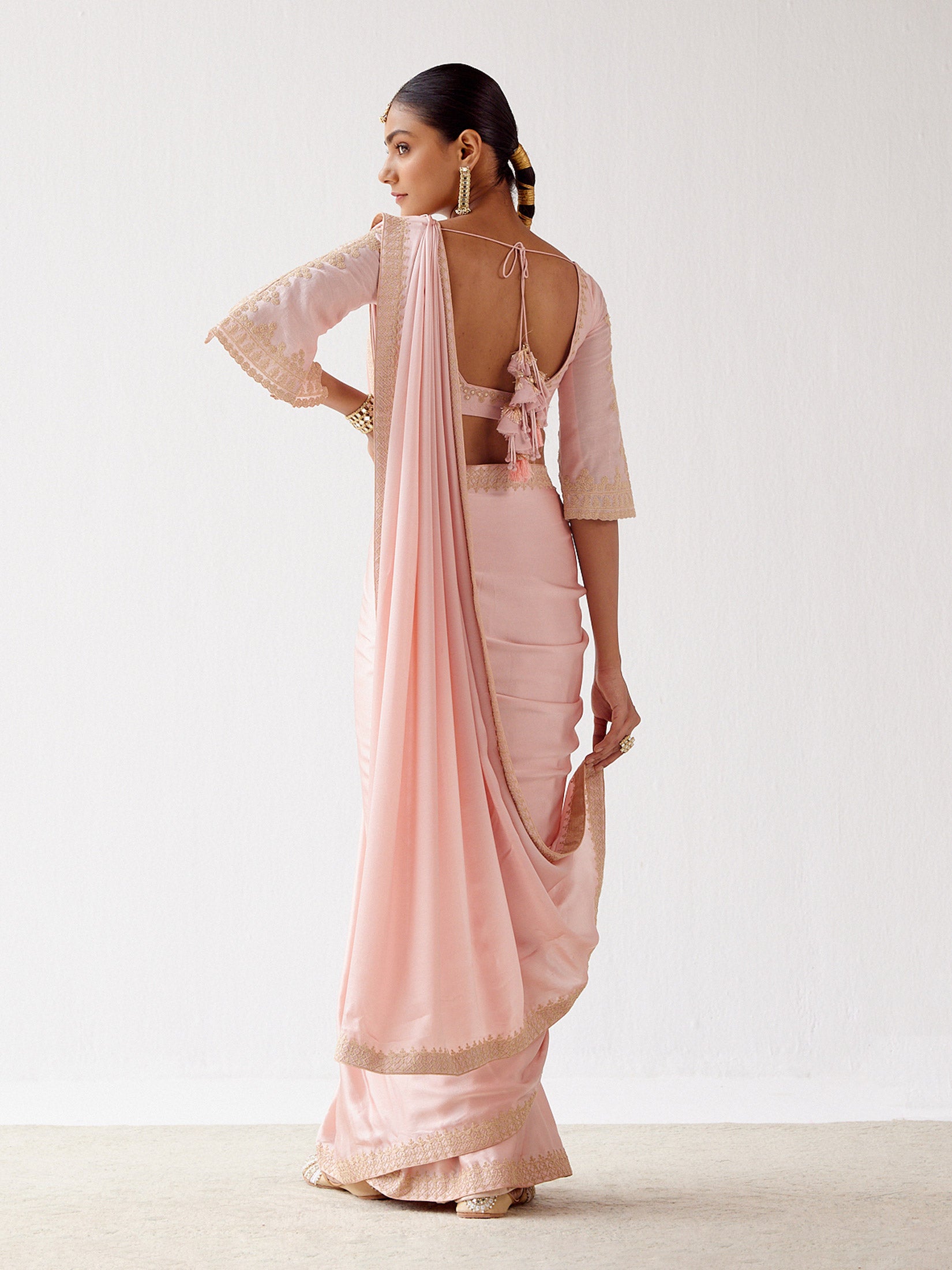 Blush Pink Embroidered Satin Saree