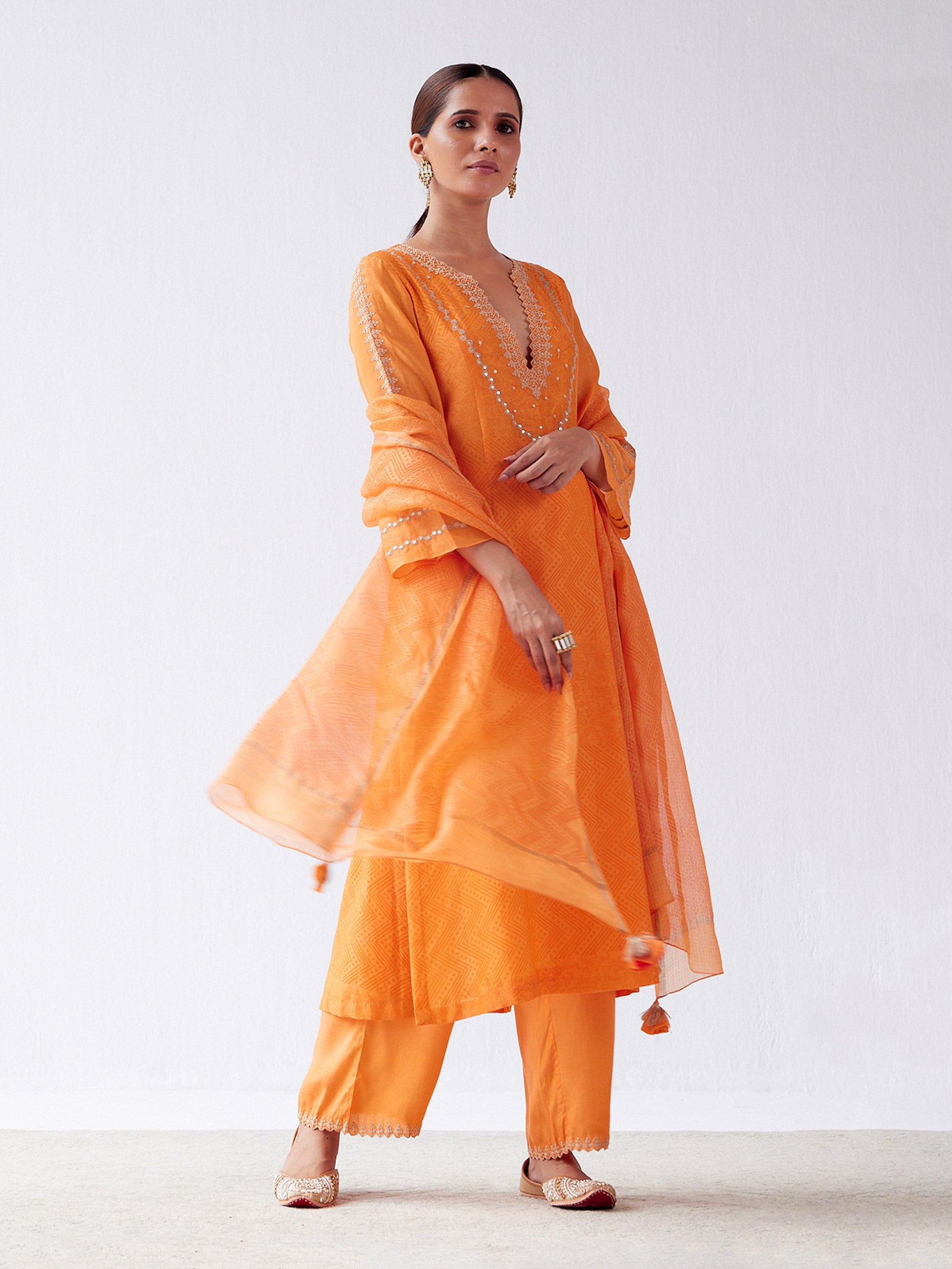 Orange Block Print Embroidered Kurta Set