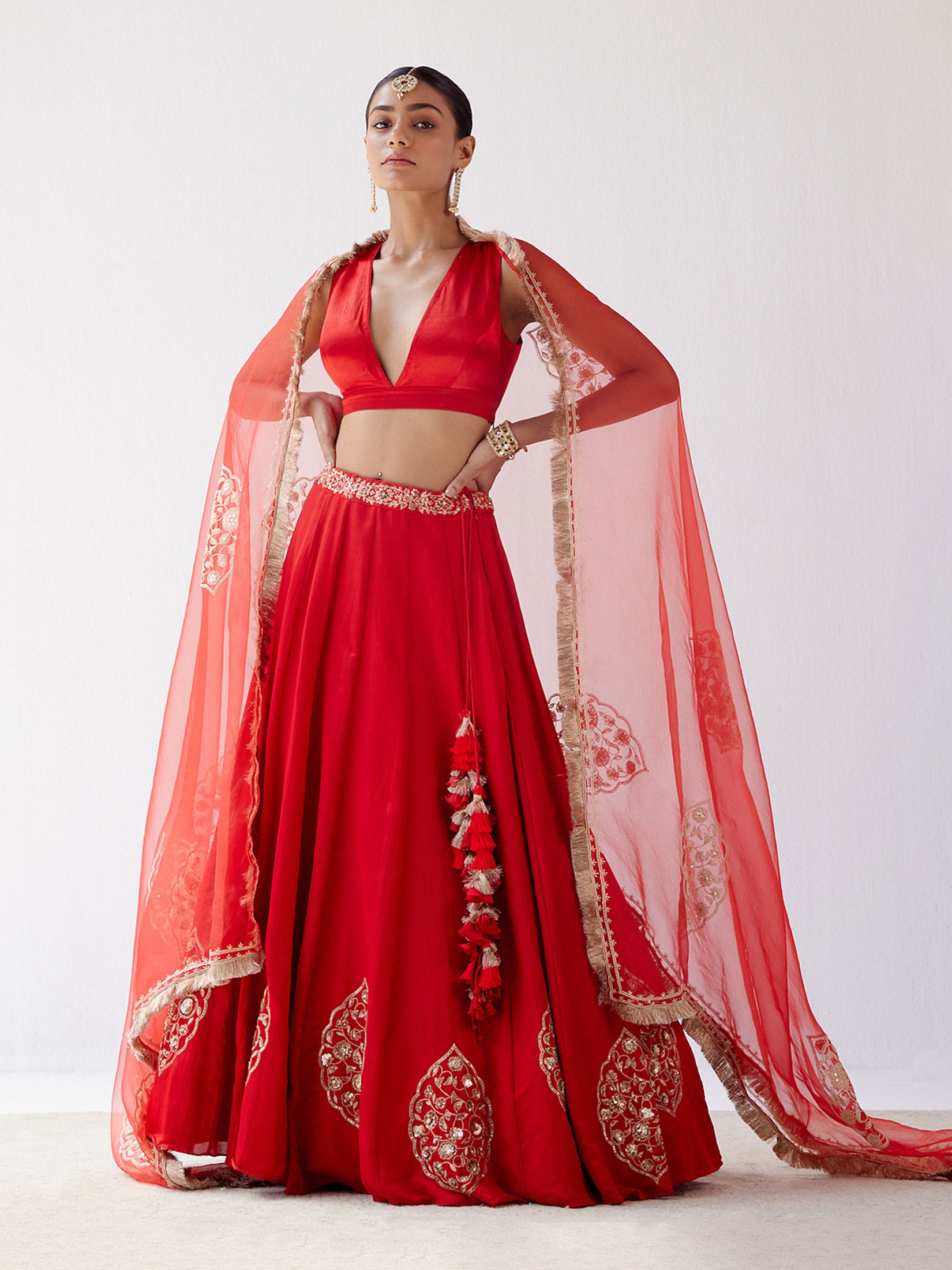 Red Dori Embroidered Cotton Silk Lehenga