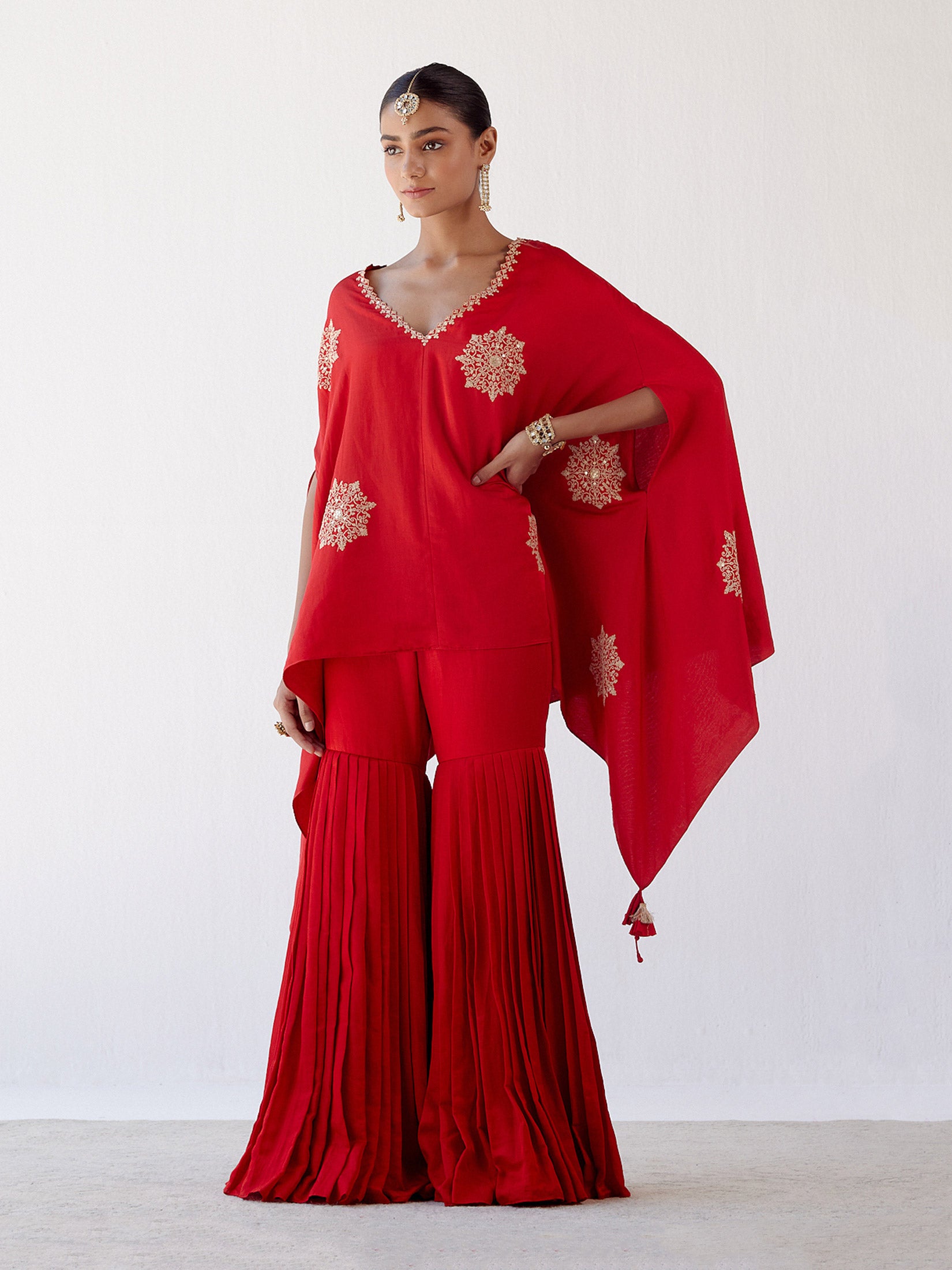 Red Embroidered Cotton Silk Sharara Set