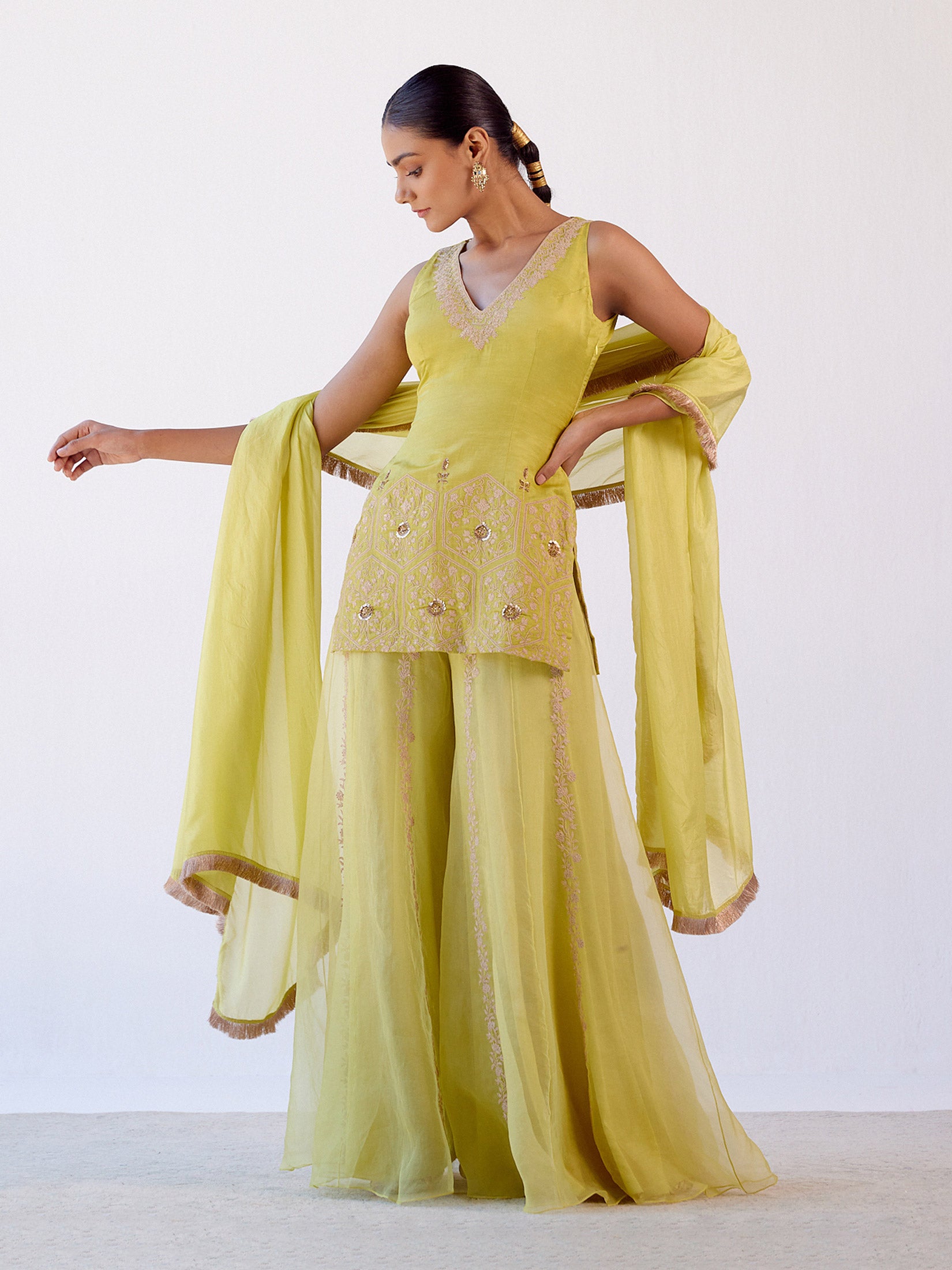 Lime Green Embroidered Sharara Set