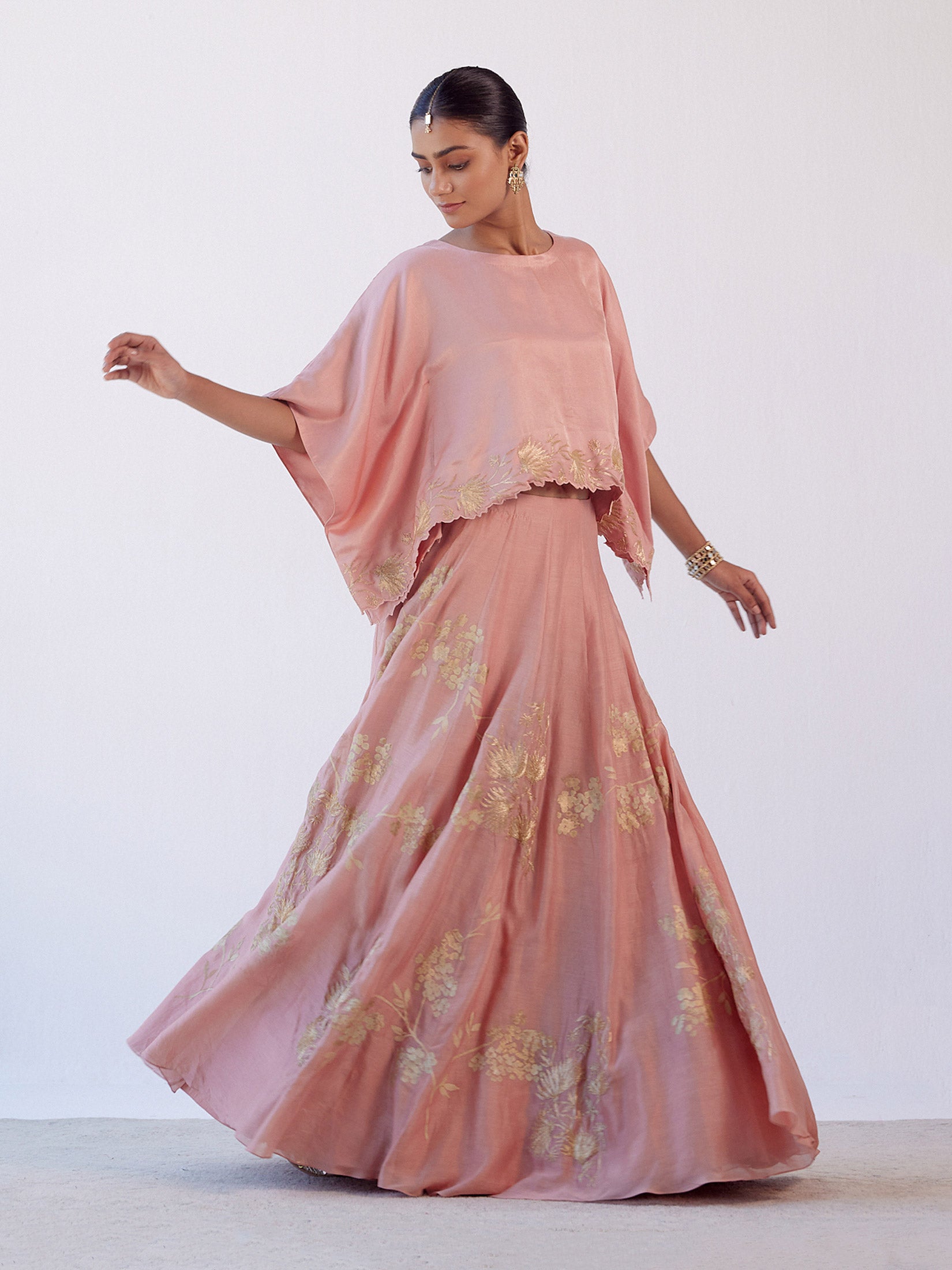 Rose Pink Hand Painted Cape Skirt Set