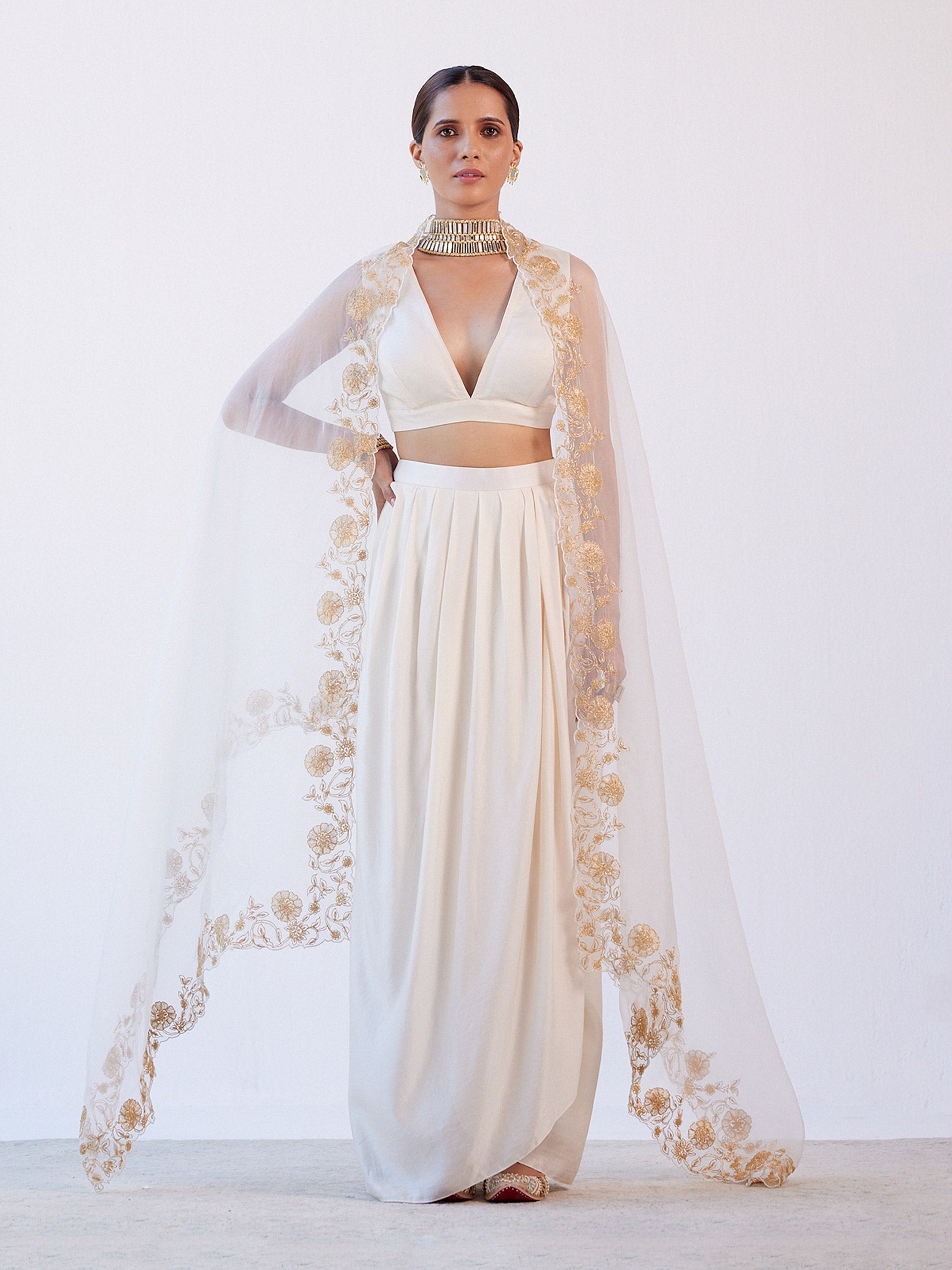 Ivory Embroidered Drape Skirt Set