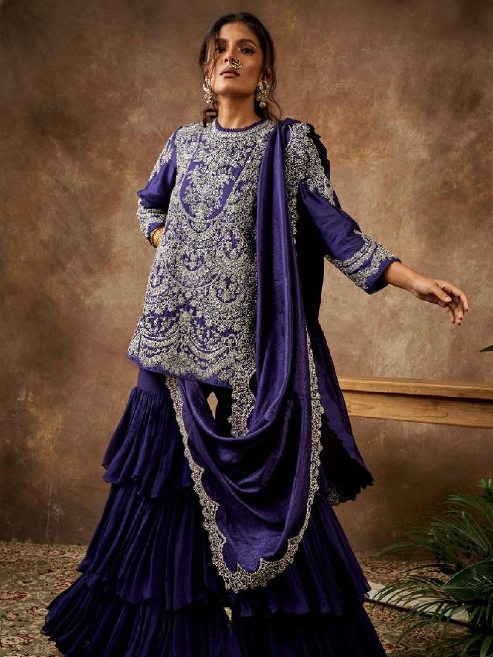 Purple Embroidered Sharara Set