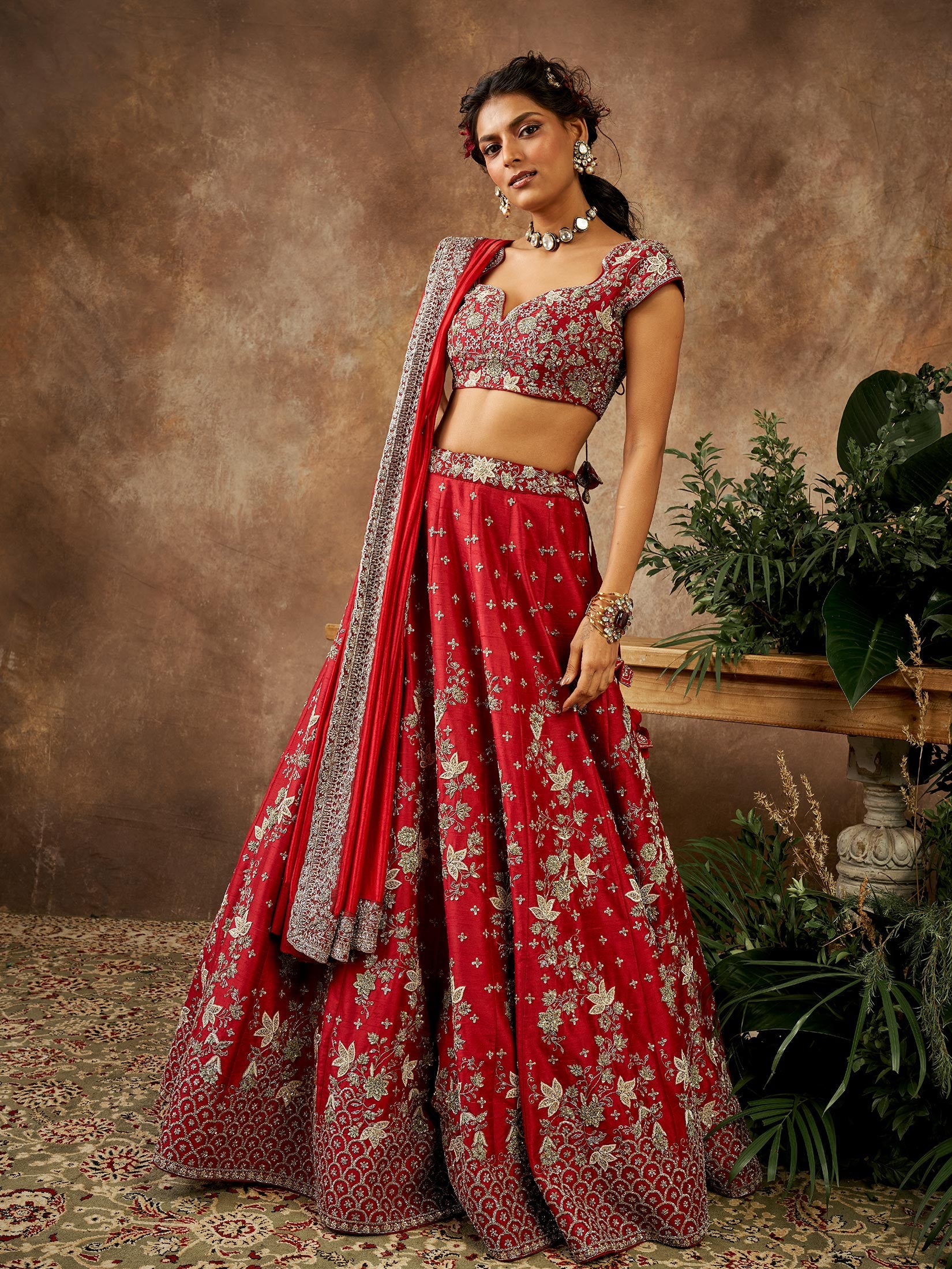 Red Embroidered Lehenga Set