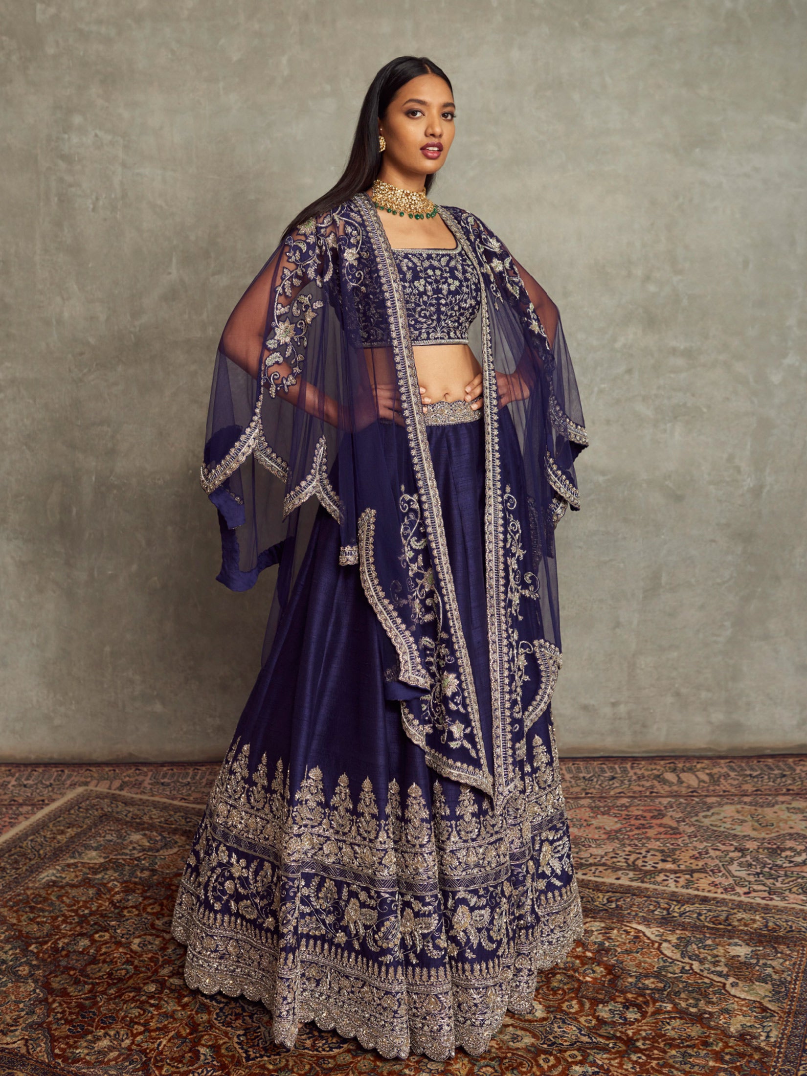 Embroidered Cape With Lehenga and Bustier