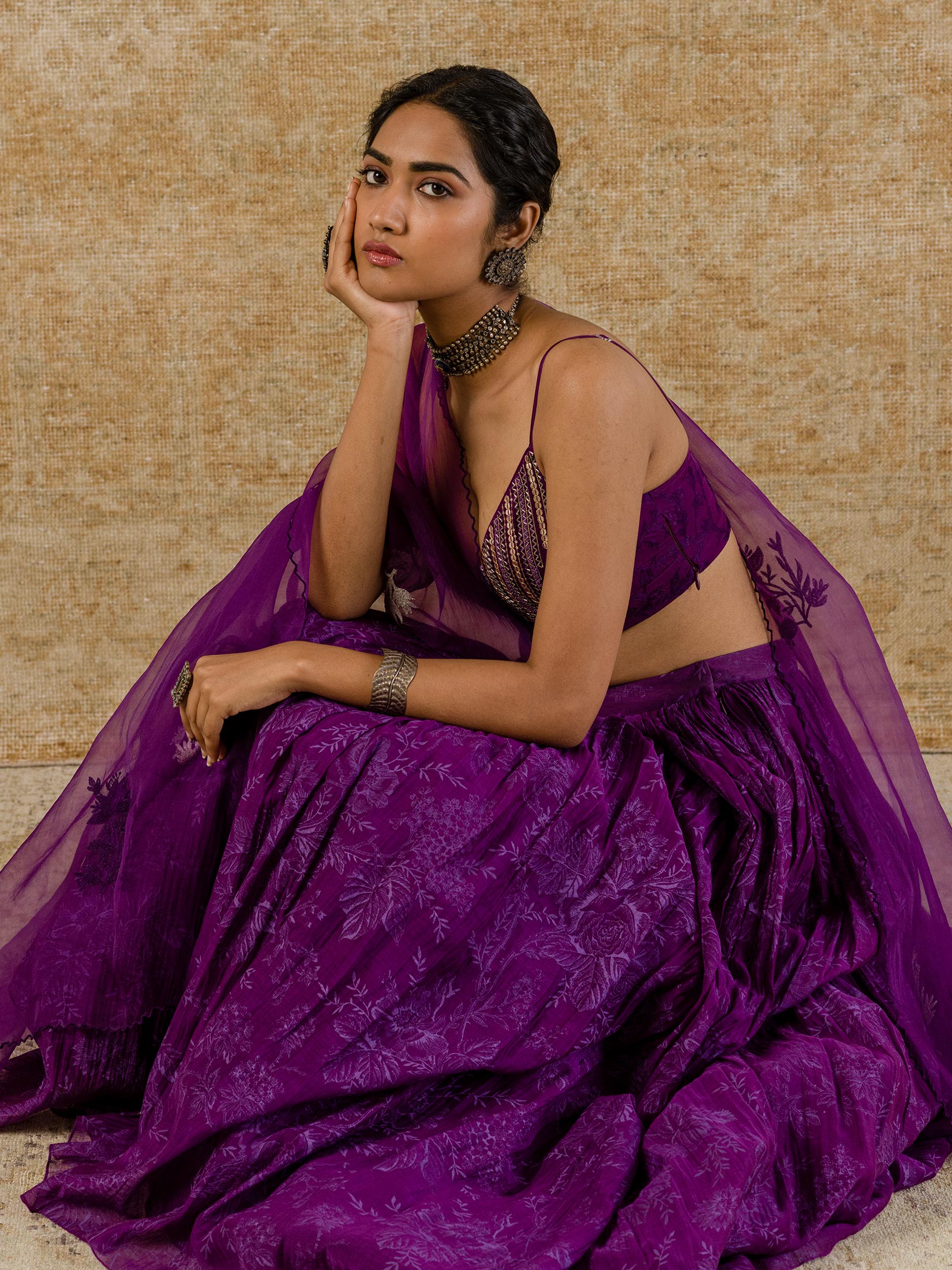 Purple Chanderi Skirt Set