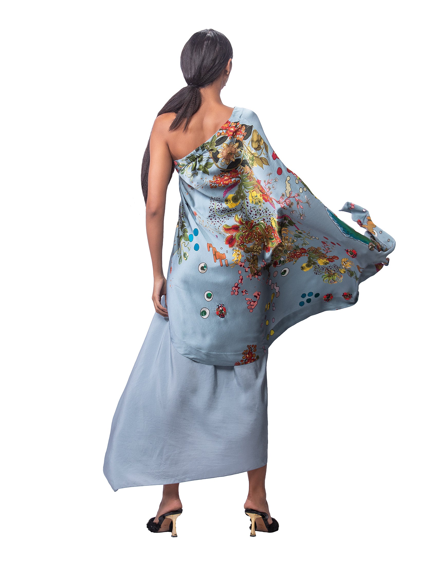 Printed One Shoulder With Draped Skirt