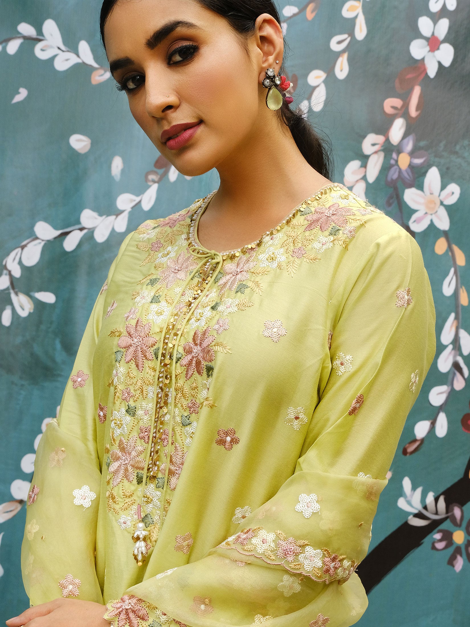 Resham and Pearl Cutwork Sharara With Dupatta - Green