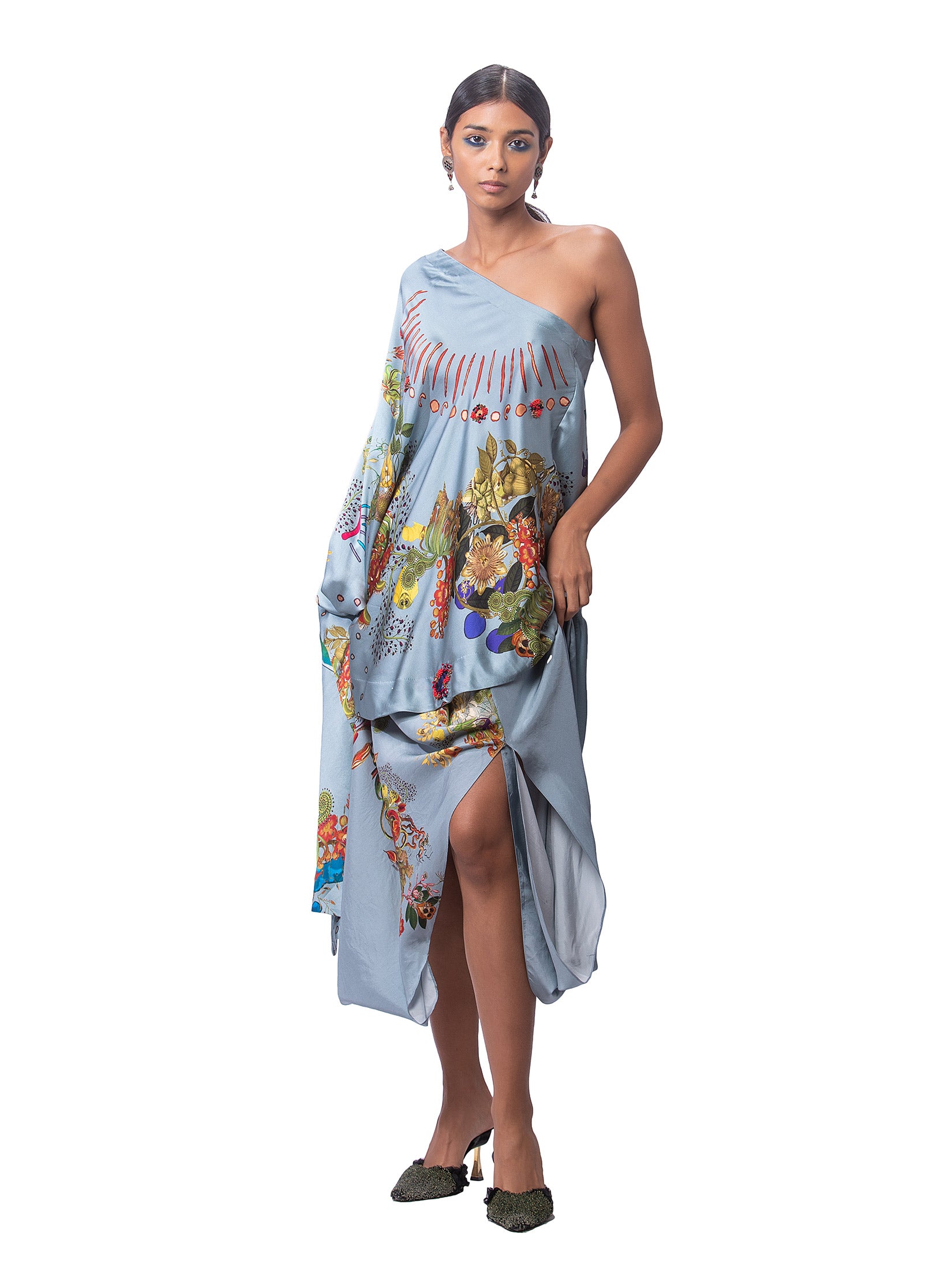 Printed One Shoulder With Draped Skirt