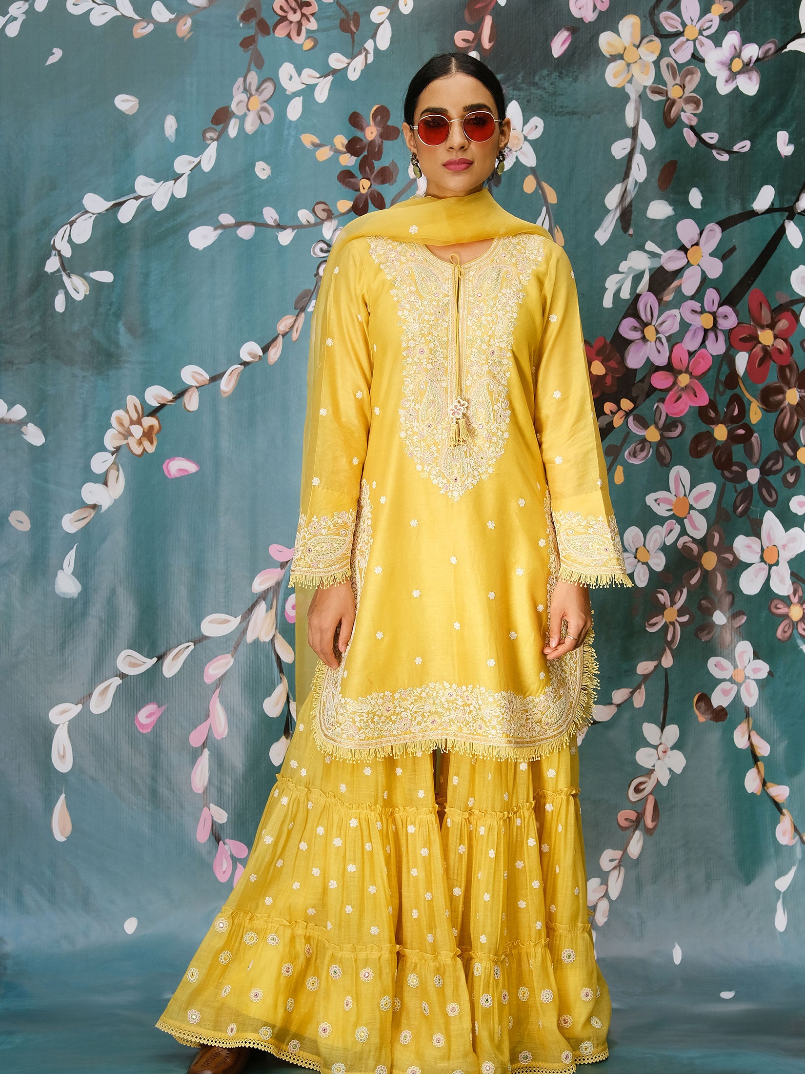 Dori Paisley Sharara With Dupatta - Yellow