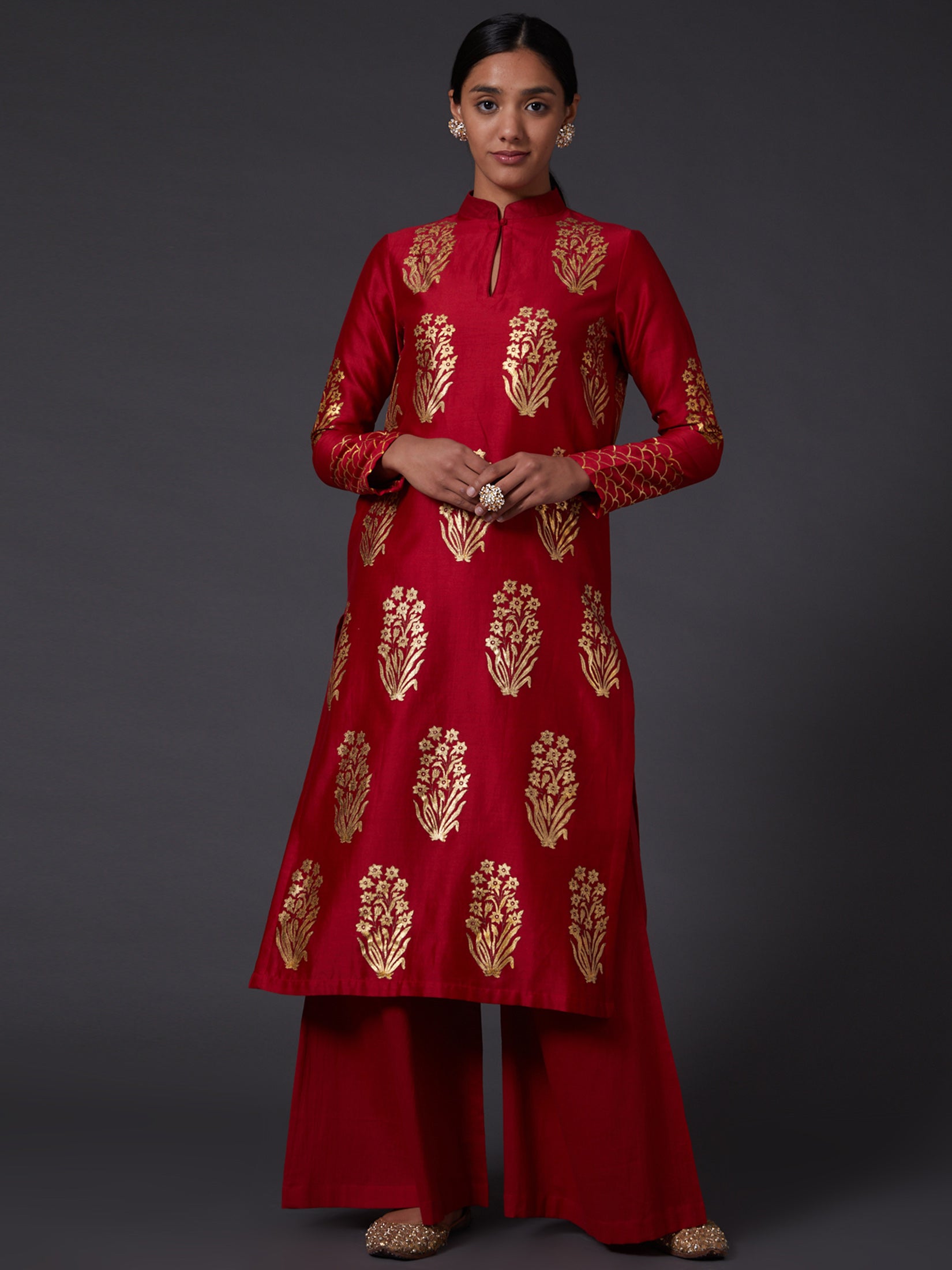 Red & Gold Block Printed Kurta With Palazzo Pants