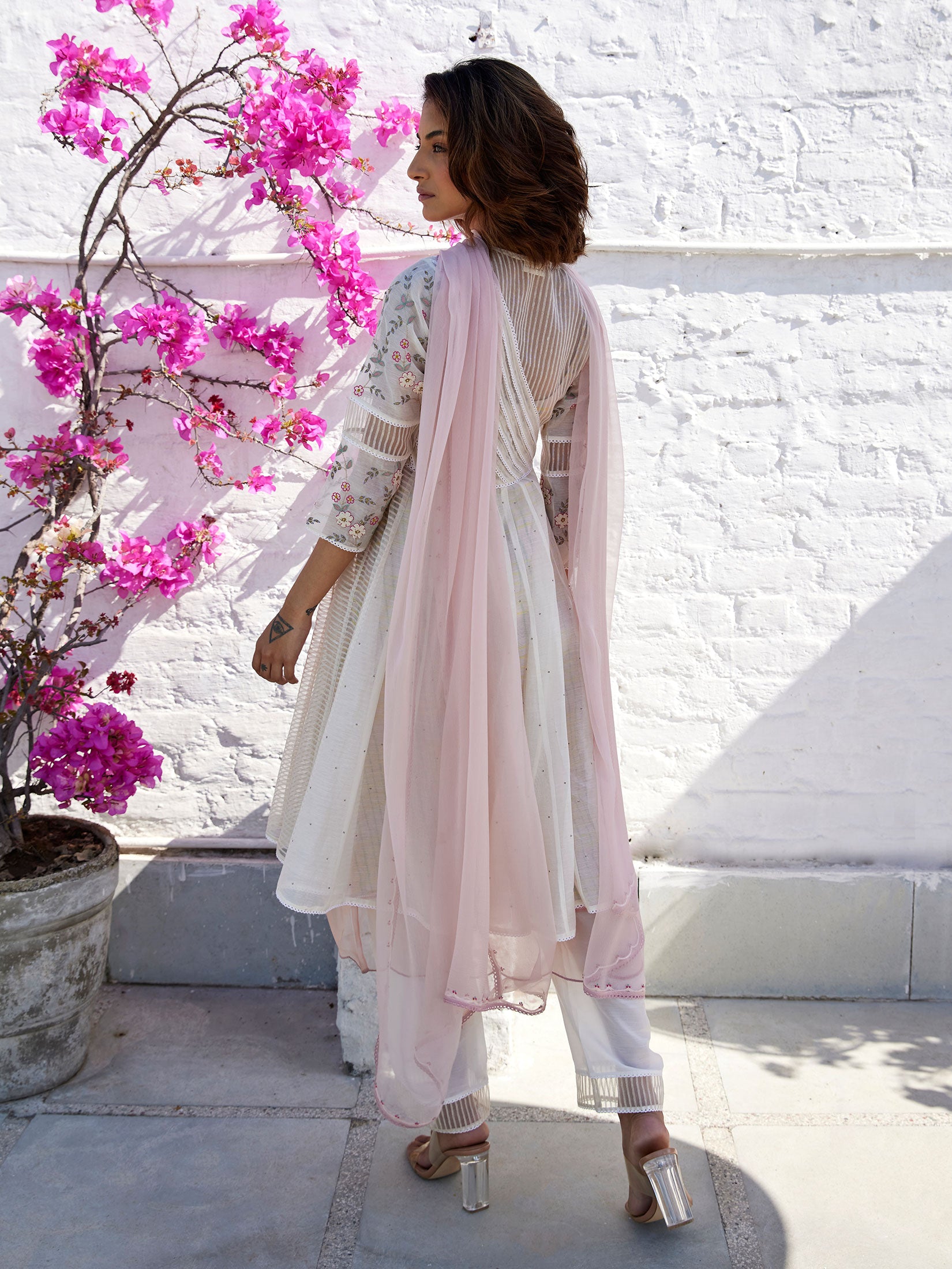 White Chanderi & Organza Silk Striped Anarkali Set