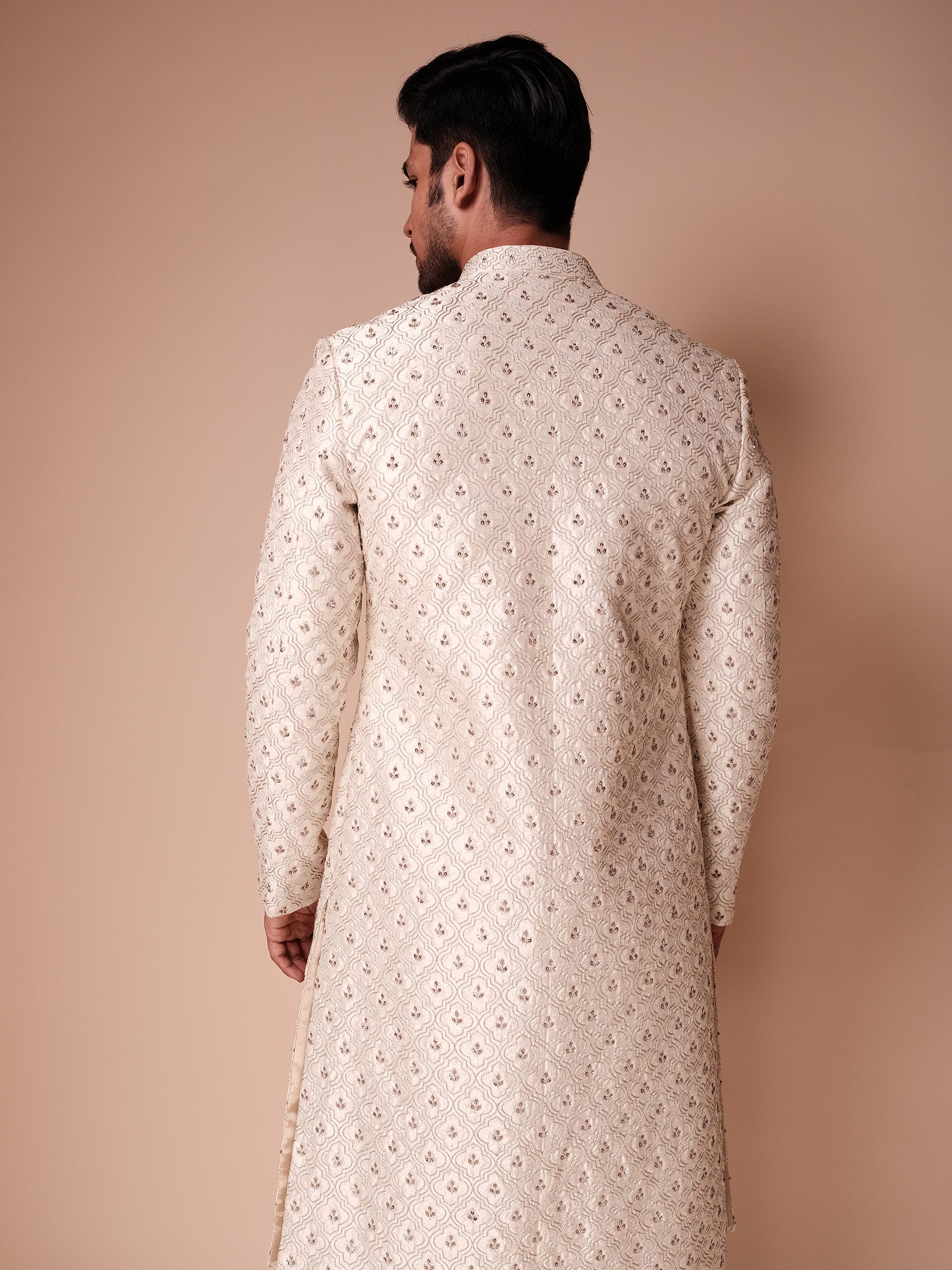 Ivory Sherwani With Embroidered Structure Jaal And Gold Clover Leaf Motifs Paired With Kurta And Churidar