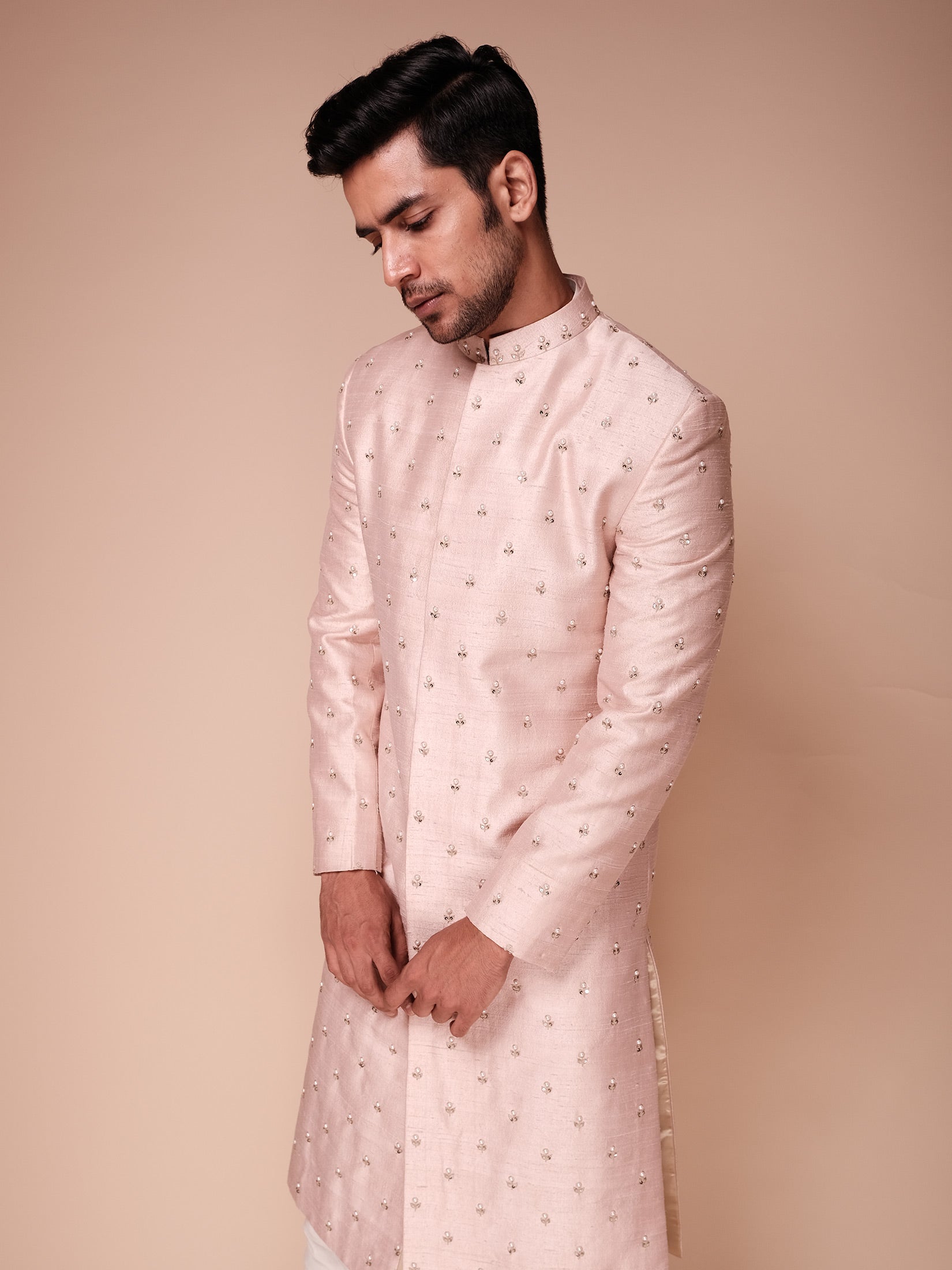 Light Pink Sherwani With All Over Embroidered Pearl Motifs Paired With Kurta And Churidar
